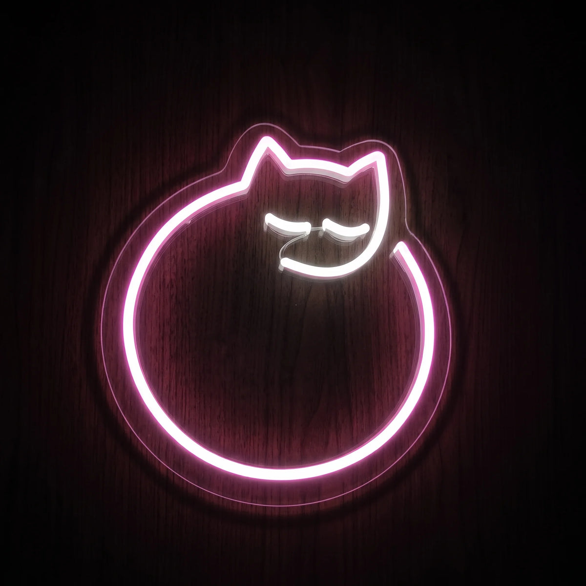 Curled sleeping cat LED neon sign with soft pink outline, white facial details, and clear acrylic backing.