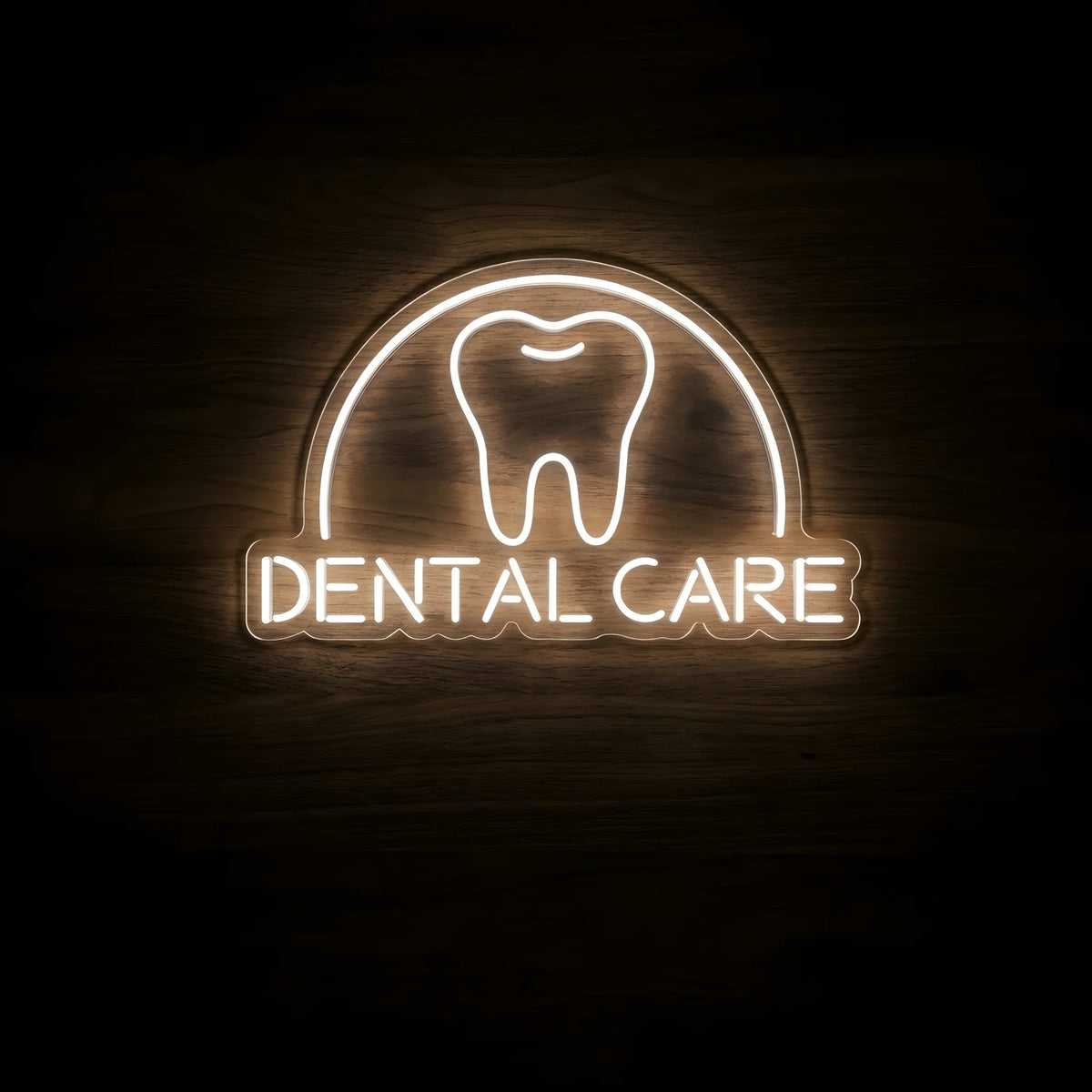 Dental Care Tooth Emblem LED neon sign featuring a warm white tooth outline beneath a semicircular arch with glowing DENTAL CARE lettering on clear acrylic backing for dental clinic wall decor.