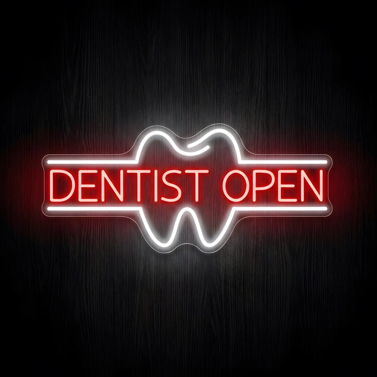 Dentist Open Tooth Outline LED neon sign featuring bright red DENTIST OPEN lettering inside a glowing cool white tooth outline with horizontal white lines on clear acrylic backing for dental clinic decor.