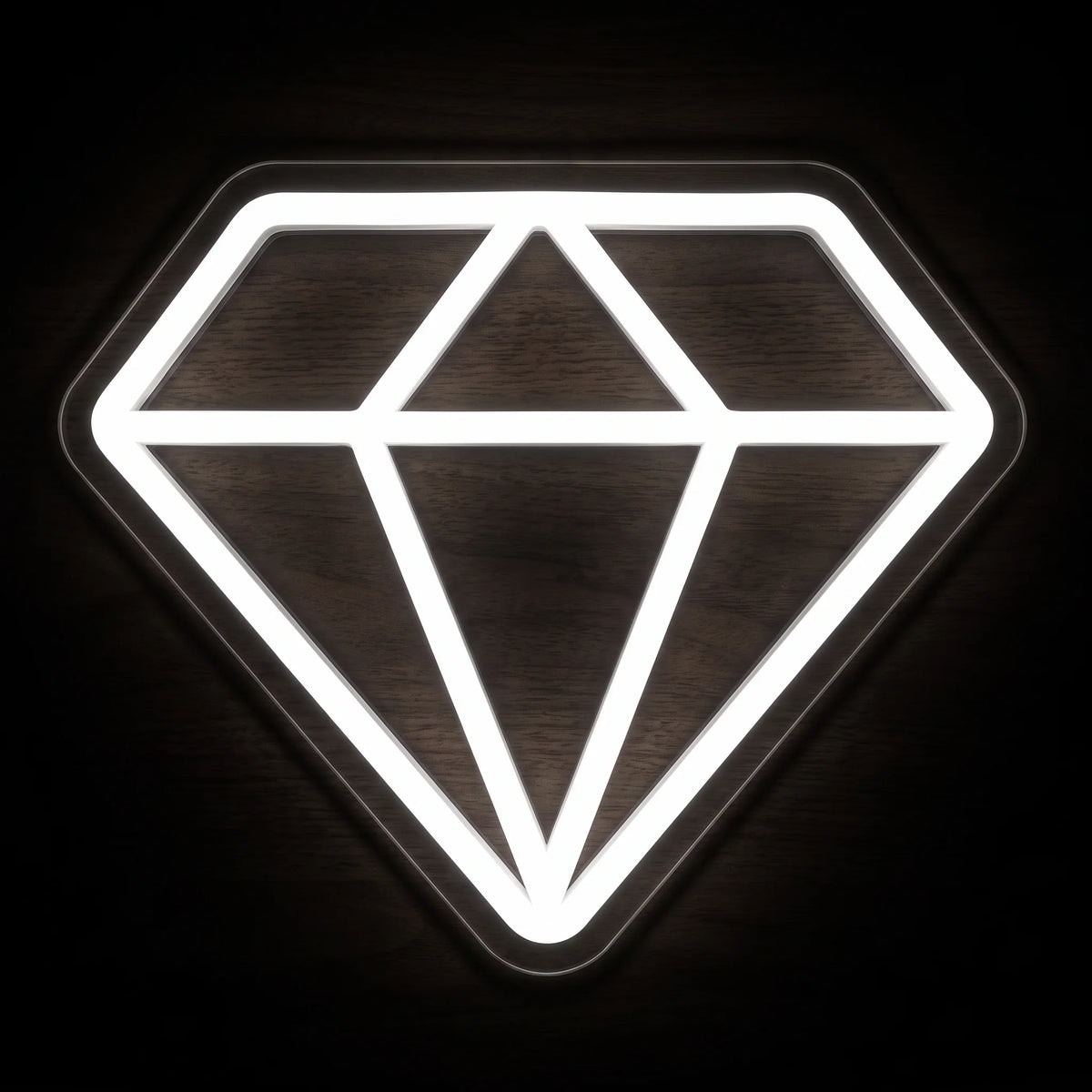 Diamond Outline LED neon sign featuring a bright white geometric diamond design mounted on clear acrylic backing.