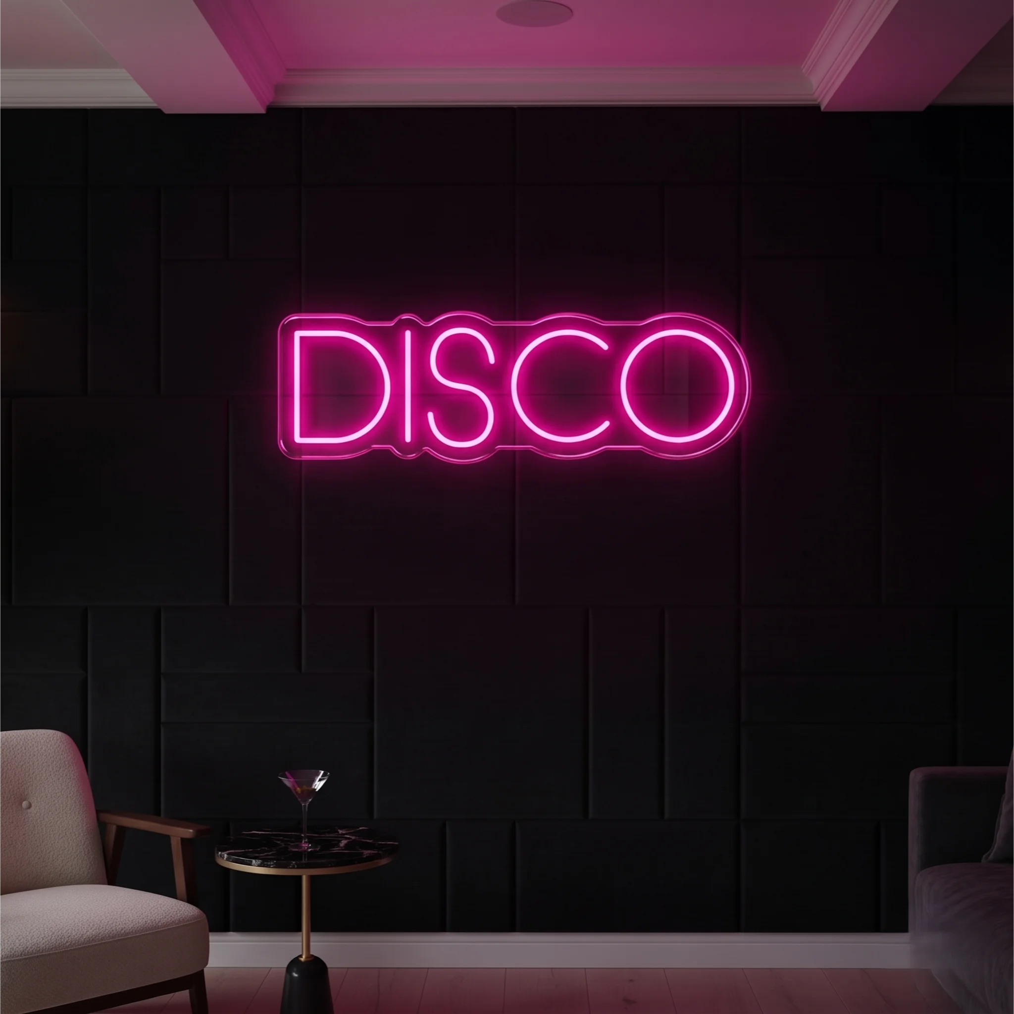 Photo of the 'DISCO' neon sign glowing in pink against a modern nightclub-inspired wall.