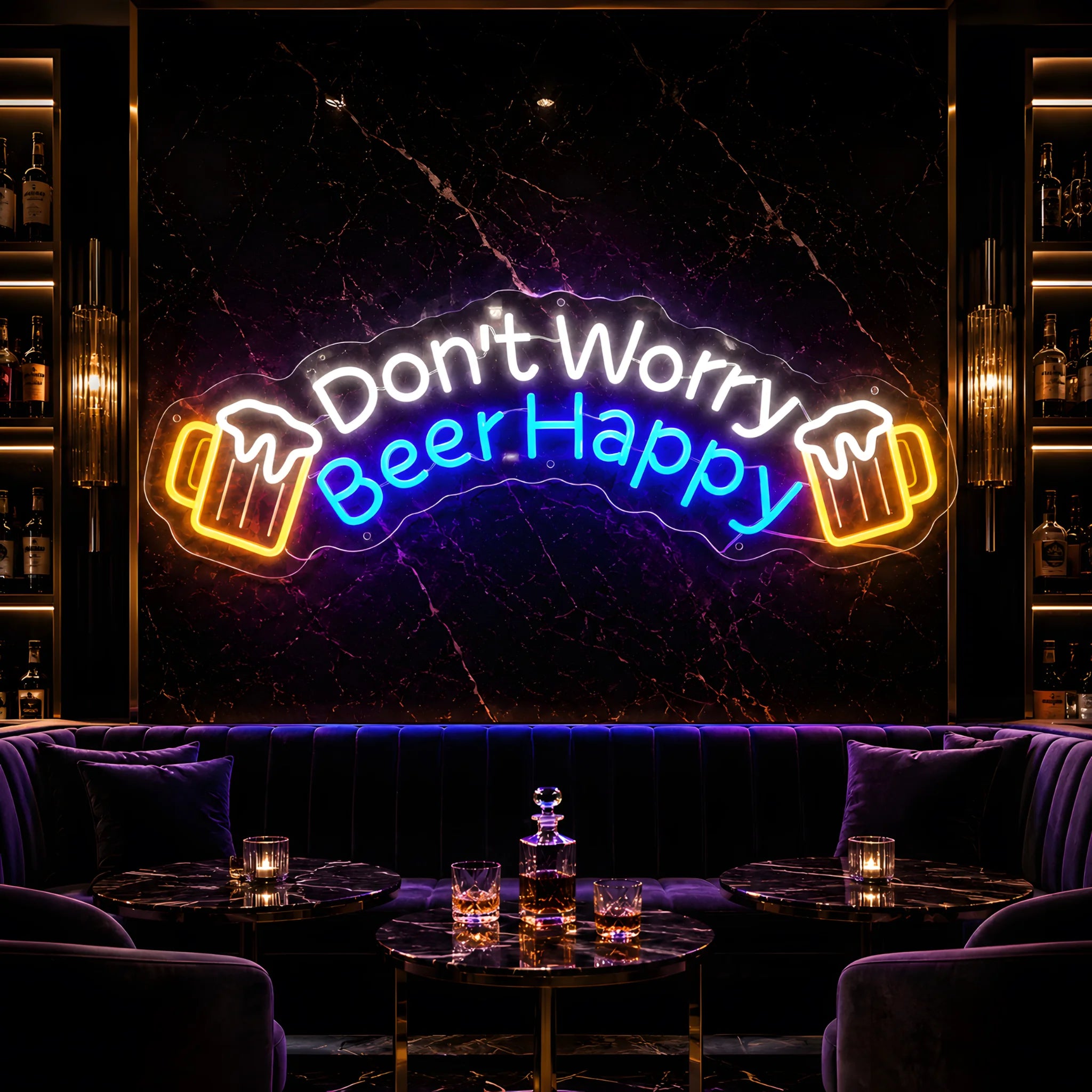 Photo of the 'Don’t Worry Beer Happy' neon sign glowing in multi-color against a cozy bar lounge wall.