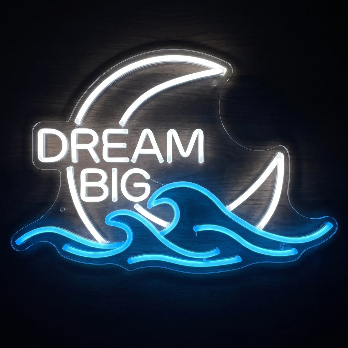 Dream Big Moon and Waves LED neon sign with white DREAM BIG lettering and crescent moon above bright blue ocean waves.