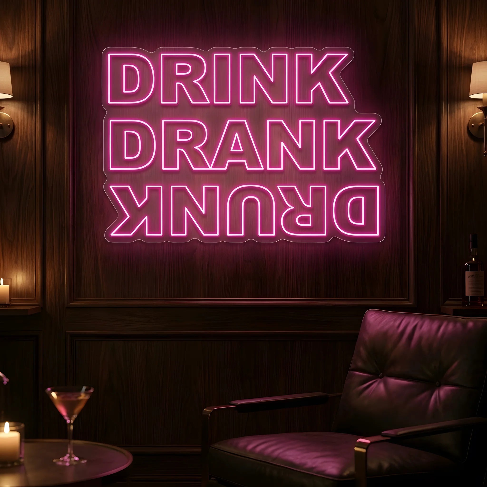 Photo of the 'Drink Drank Drunk' neon sign glowing in pink against a styled interior wall.