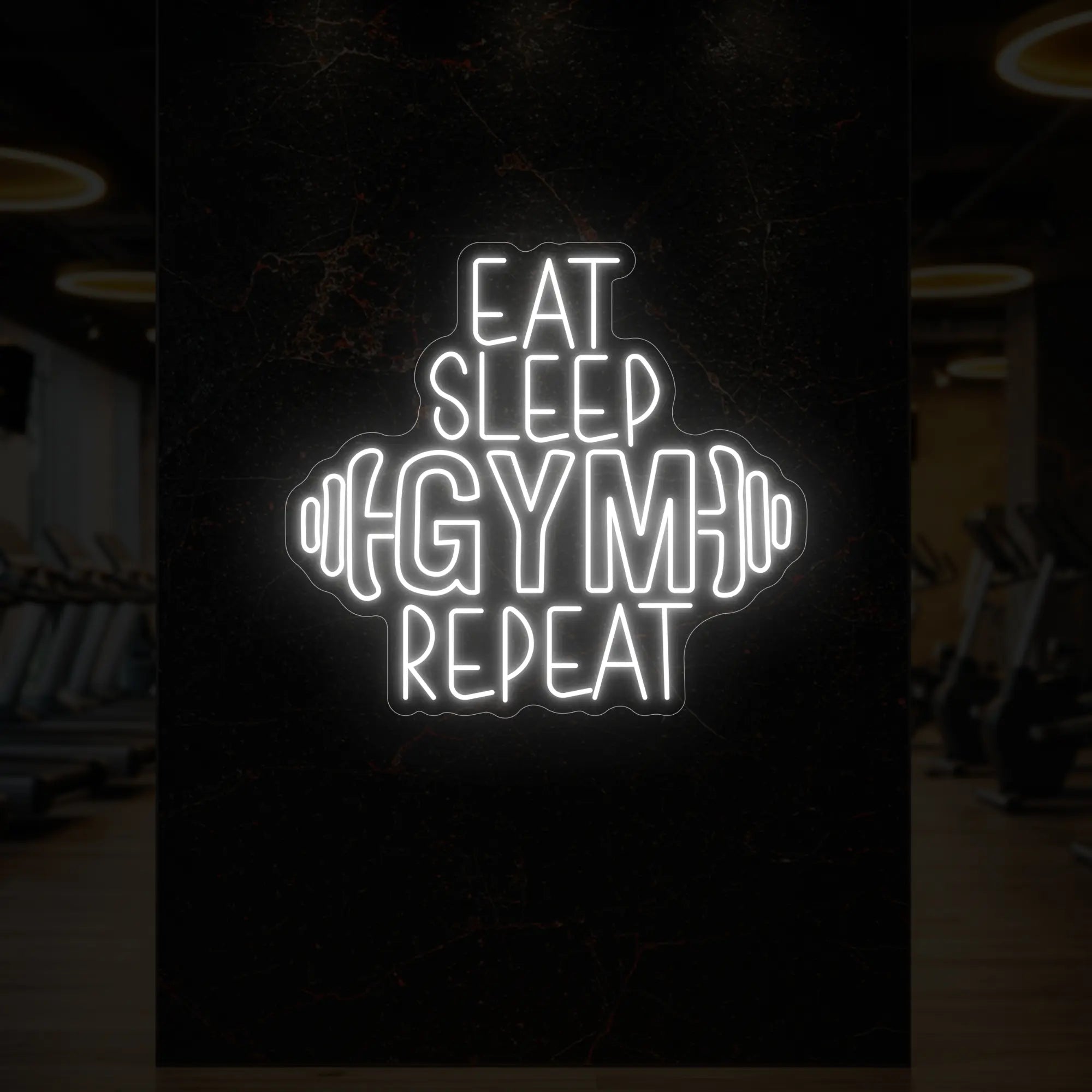 'Eat Sleep Gym Repeat (with Dumbbell)' neon sign glowing in cool white against a styled interior wall.