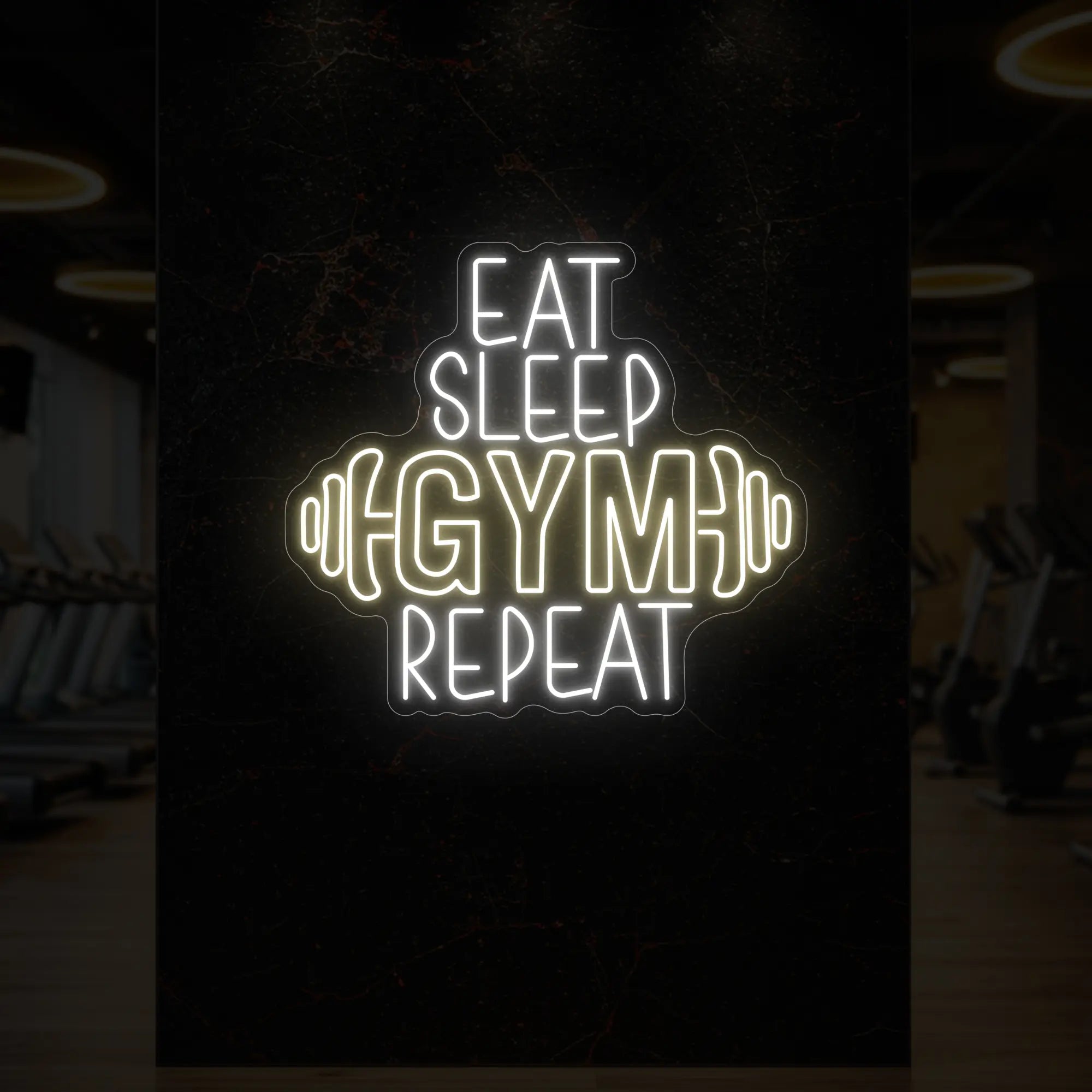 'Eat Sleep Gym Repeat (with Dumbbell)' neon sign glowing in warm white against a styled interior wall.