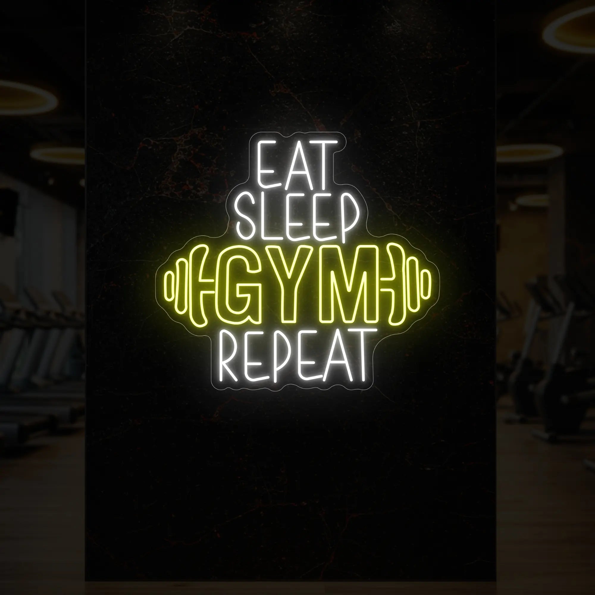 'Eat Sleep Gym Repeat (with Dumbbell)' neon sign glowing in lemon yellow against a styled interior wall.