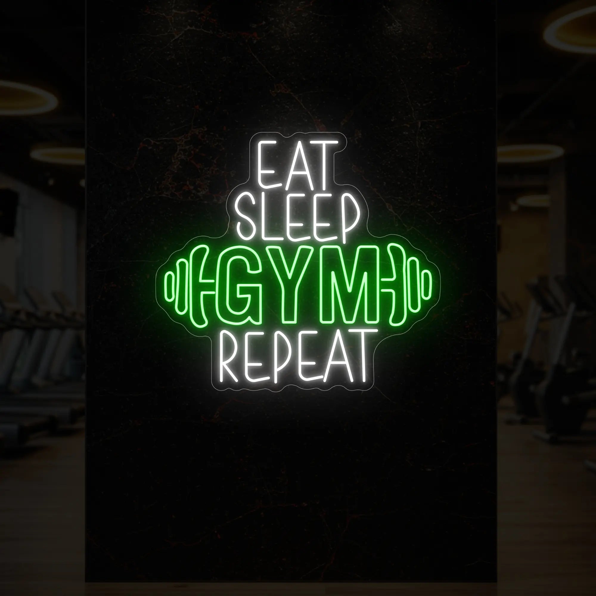 'Eat Sleep Gym Repeat (with Dumbbell)' neon sign glowing in green against a styled interior wall.