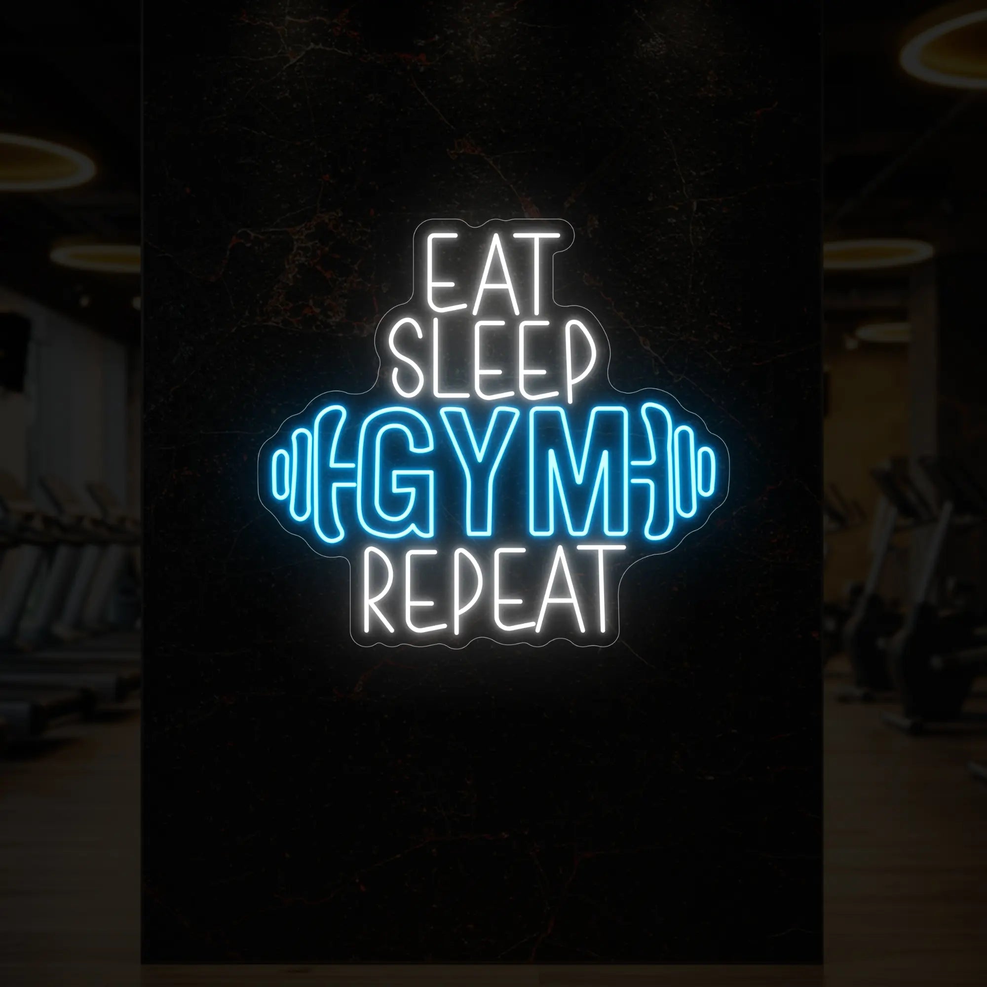 'Eat Sleep Gym Repeat (with Dumbbell)' neon sign glowing in ice blue against a styled interior wall.