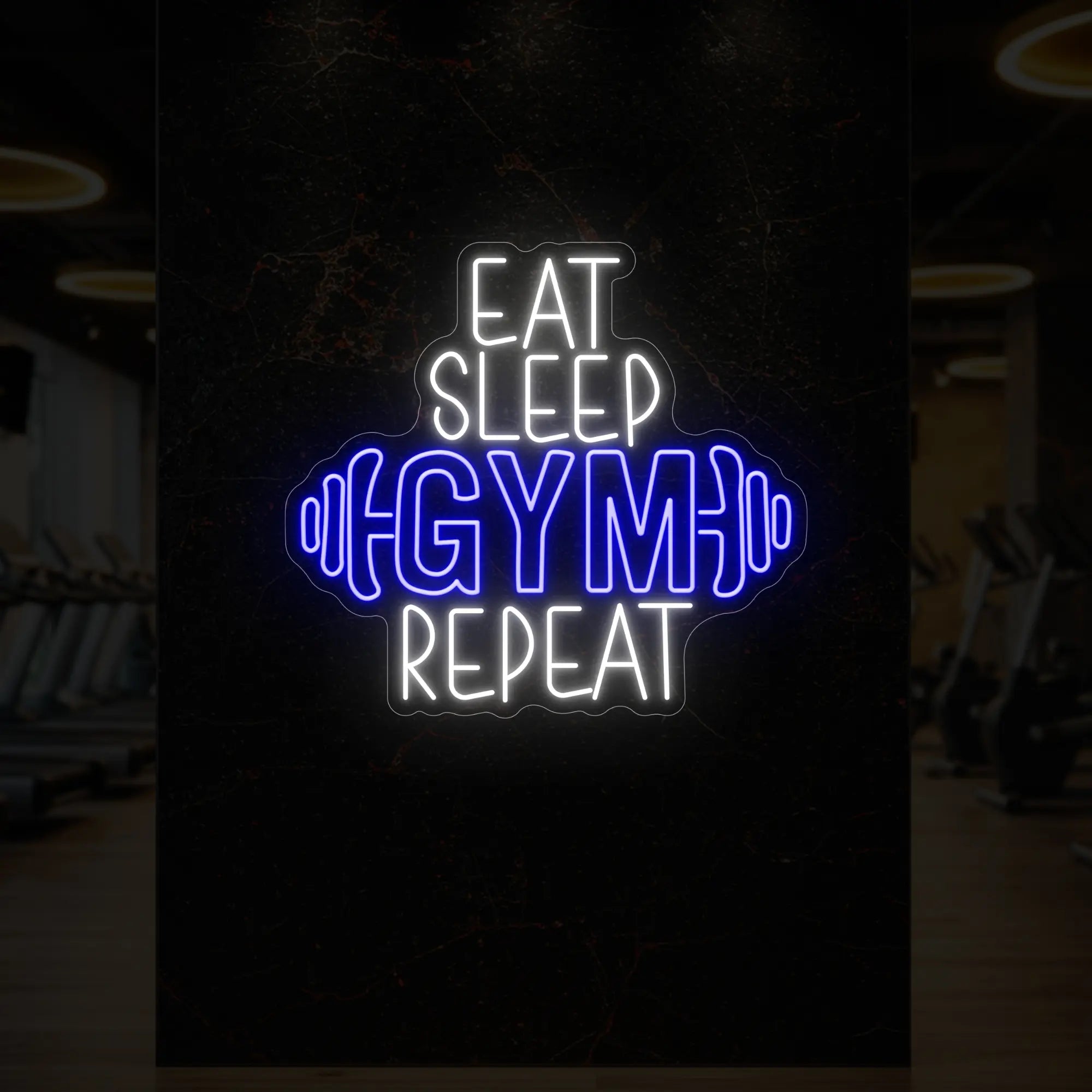 'Eat Sleep Gym Repeat (with Dumbbell)' neon sign glowing in deep blue against a styled interior wall.