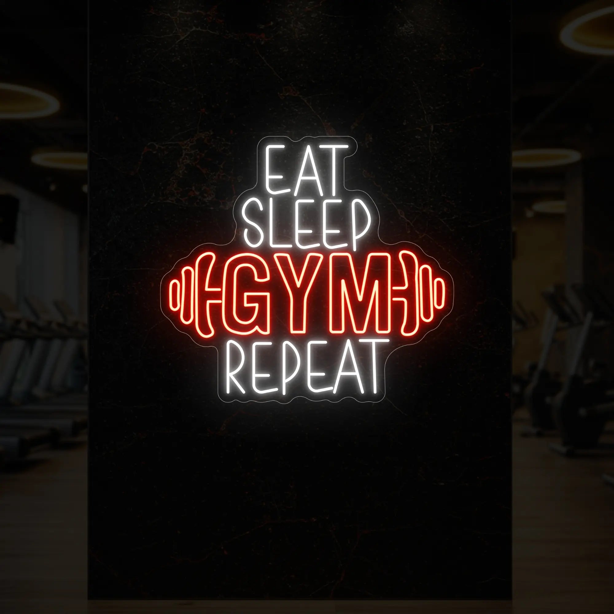 'Eat Sleep Gym Repeat (with Dumbbell)' neon sign glowing in golden yellow against a styled interior wall.