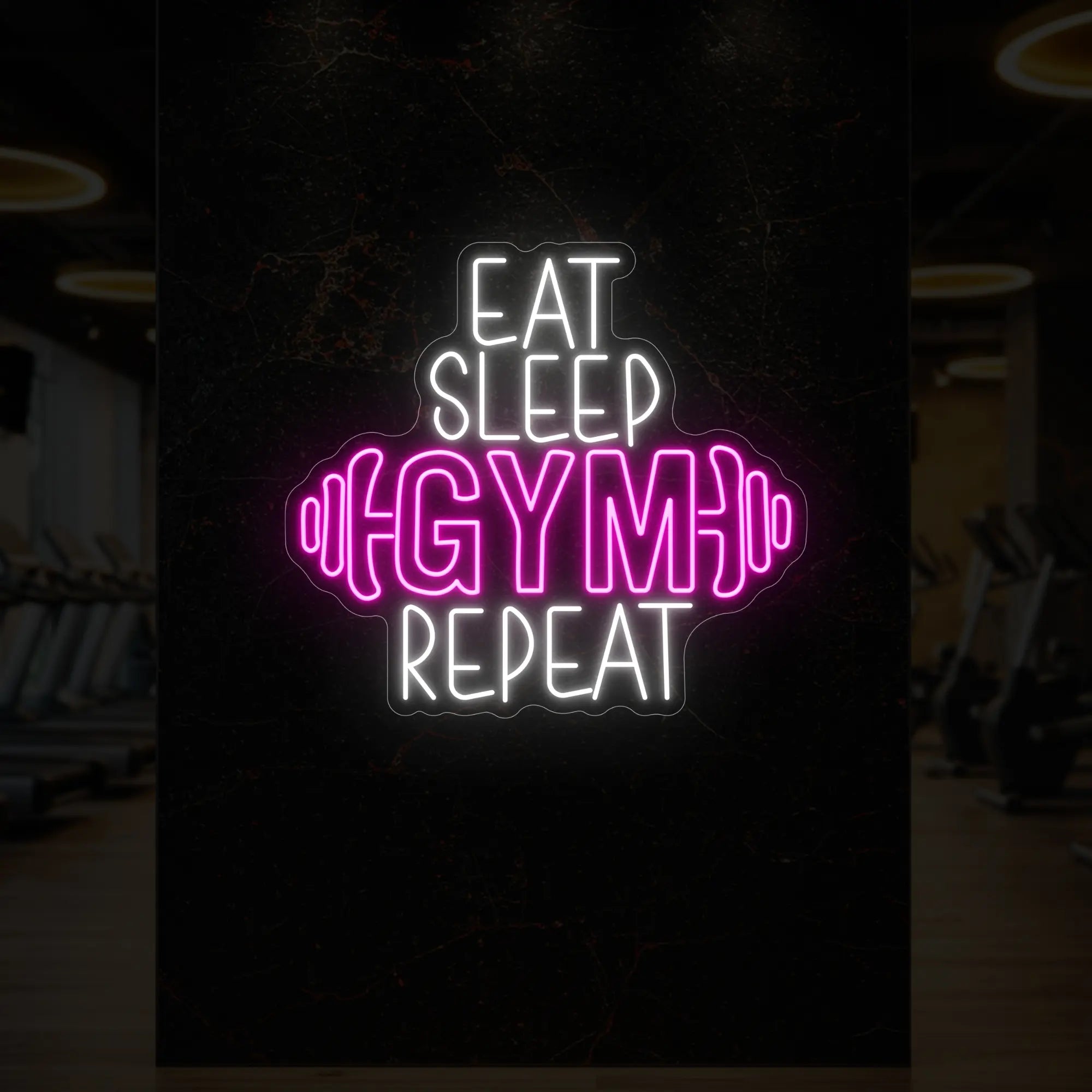 'Eat Sleep Gym Repeat (with Dumbbell)' neon sign glowing in light pink against a styled interior wall.