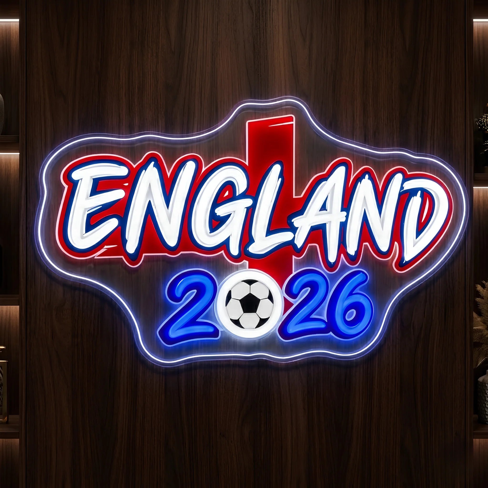 England 2026 LED neon sign featuring football-inspired artwork with red white and blue illumination