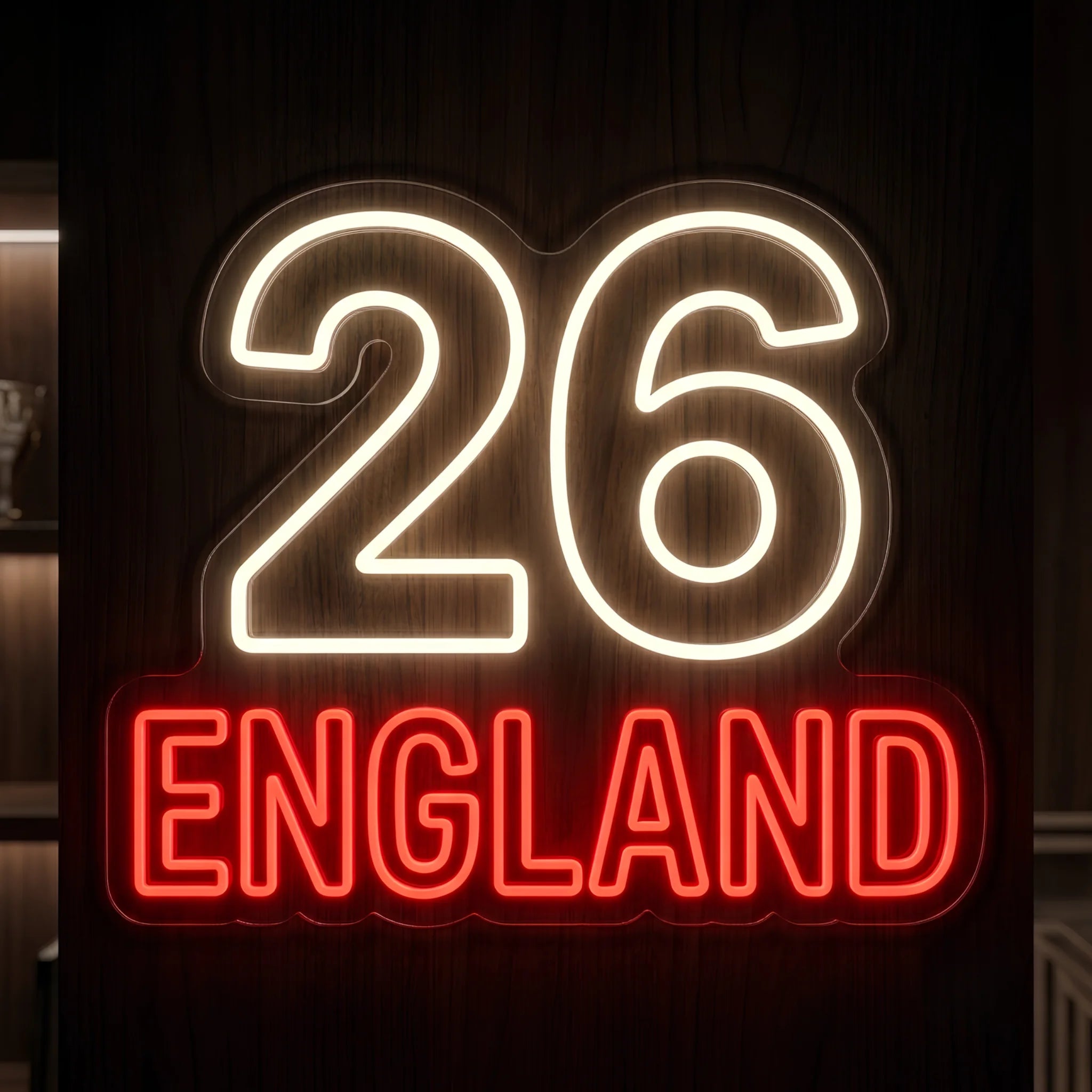 26 England LED neon sign featuring warm white illuminated numbers with red England lettering