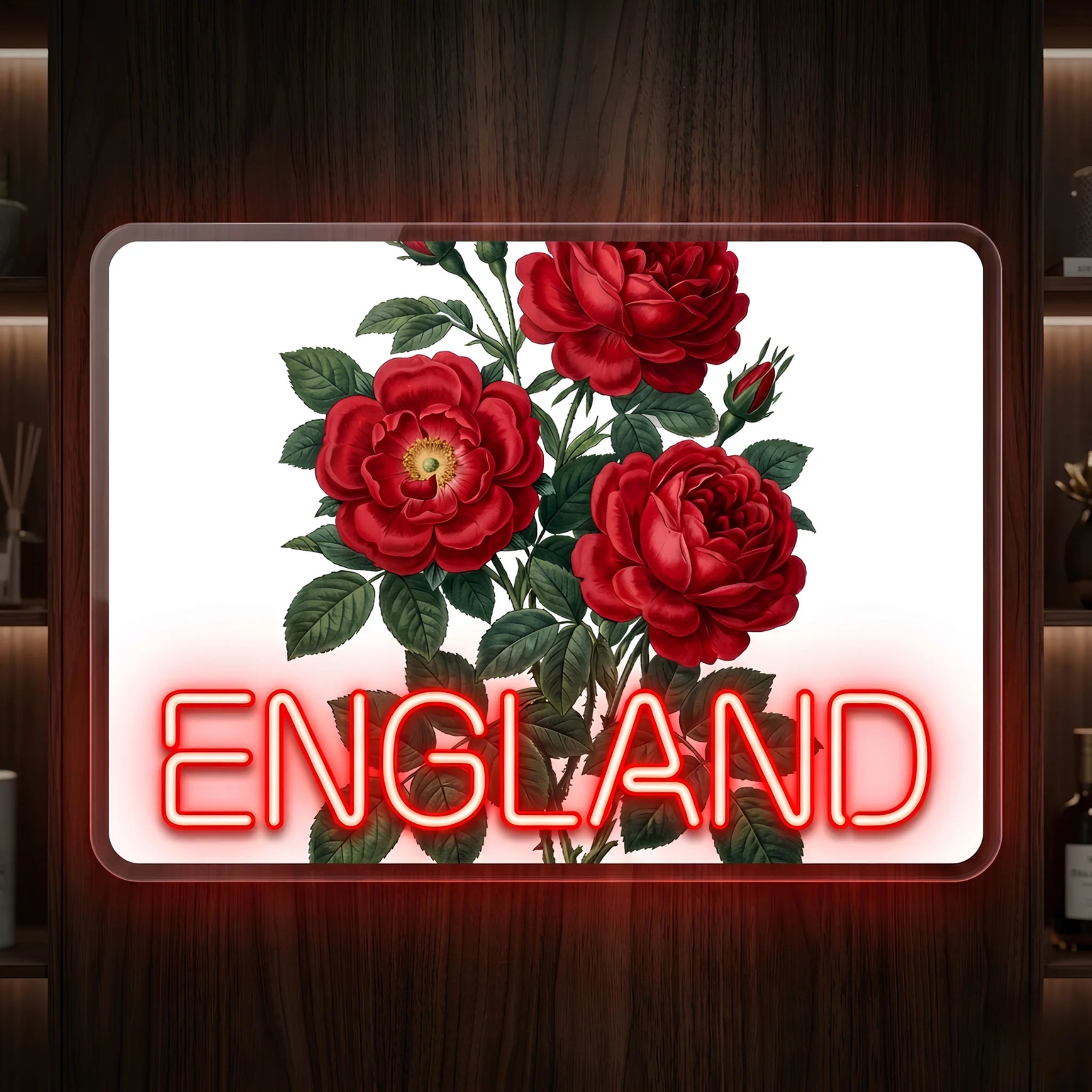 England Rose LED neon sign featuring detailed red rose artwork with illuminated red England lettering