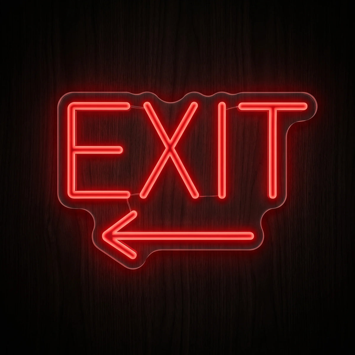Exit Arrow LED Neon Sign with red EXIT lettering and left-pointing arrow on clear acrylic backing.