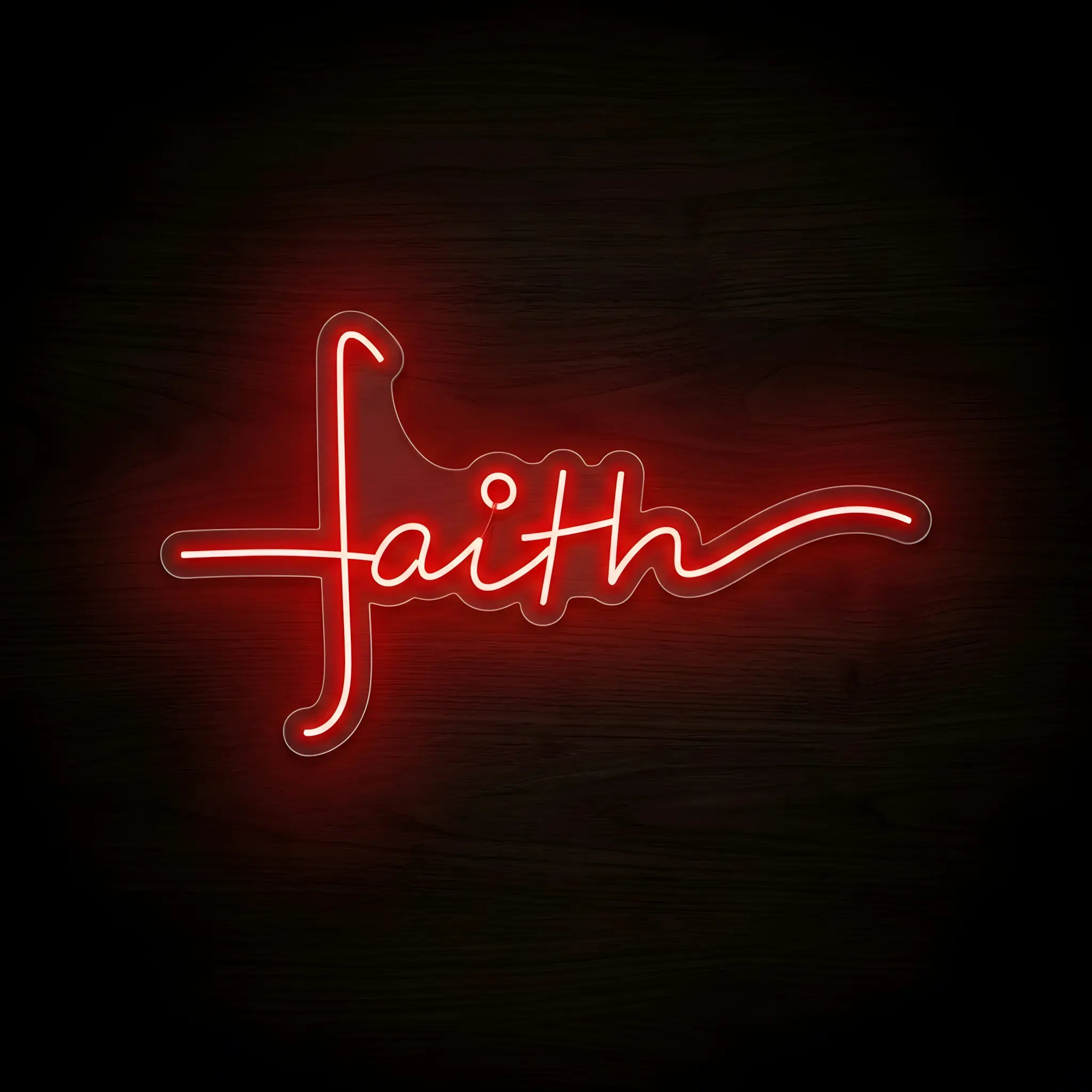 Faith Cross red LED neon sign on clear acrylic backing for Christian home décor, churches, prayer rooms, and Bible study spaces.