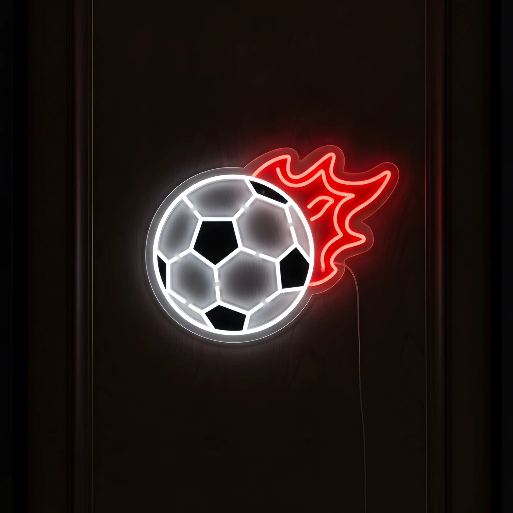 Flaming football LED neon sign featuring cool white football artwork with red flame effects