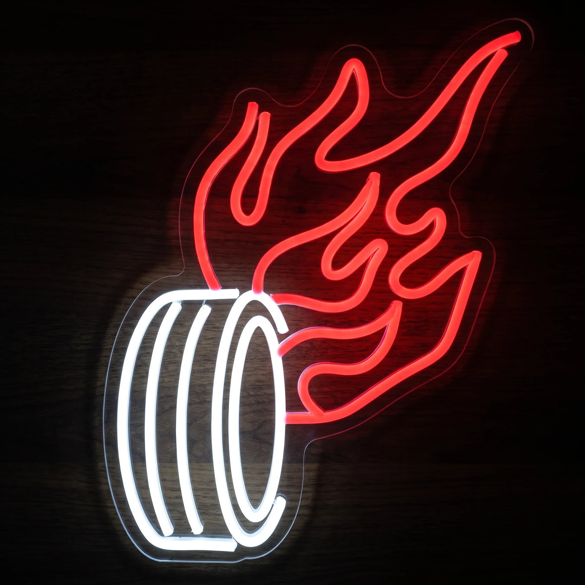 Flaming Wheel LED neon sign featuring a bright white wheel outline with vivid red flames on clear acrylic backing.