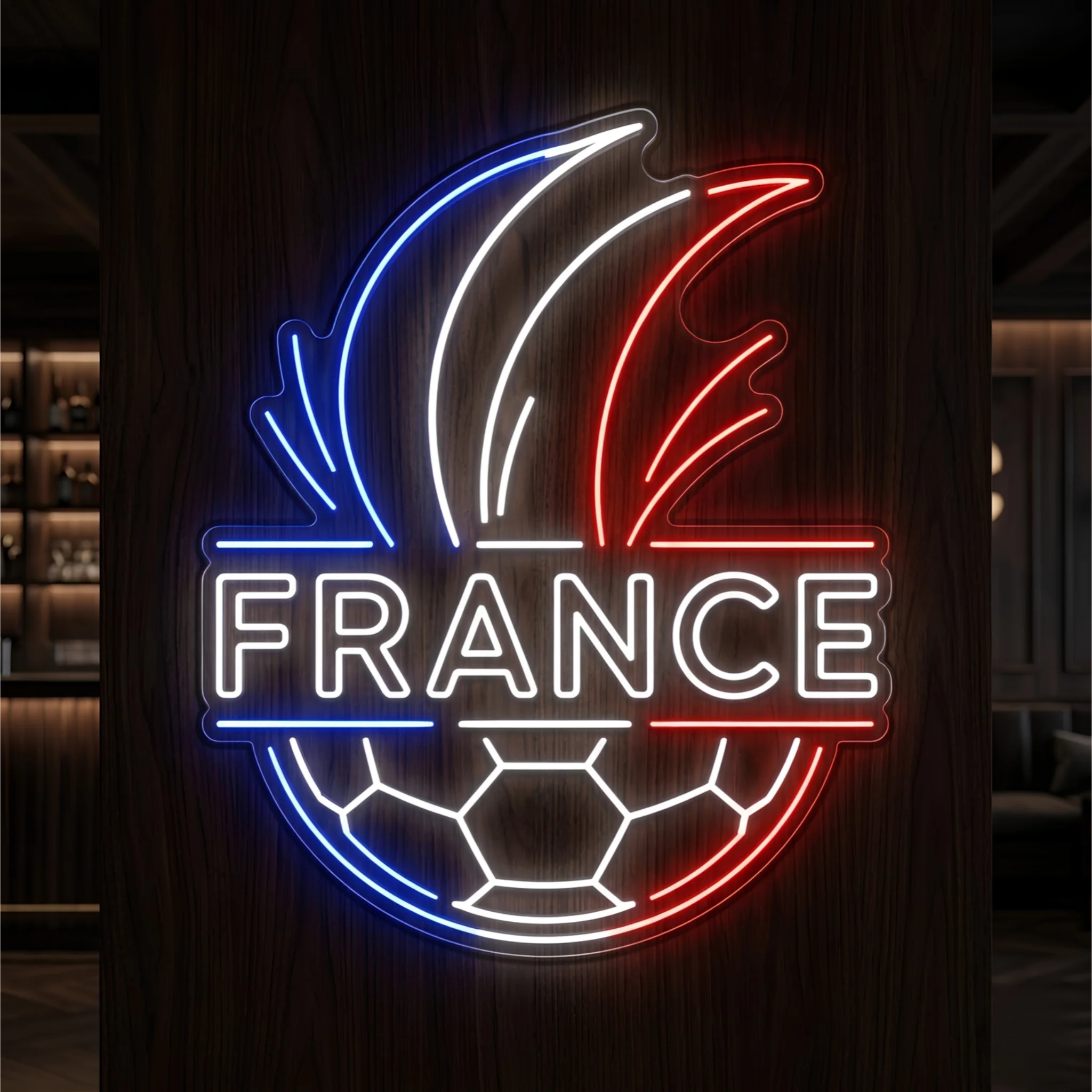 France rooster football LED neon sign featuring blue white and red illuminated design