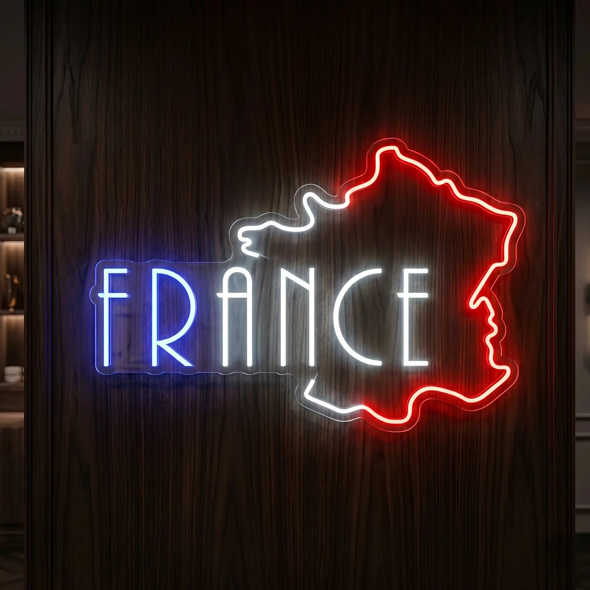 France map outline LED neon sign with blue white and red illuminated football fan design