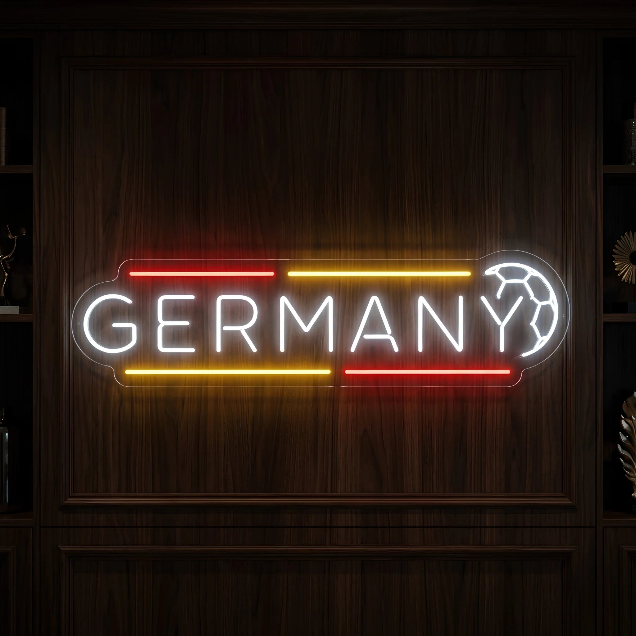 Germany football LED neon sign featuring illuminated lettering with red and gold supporter stripes and football detail