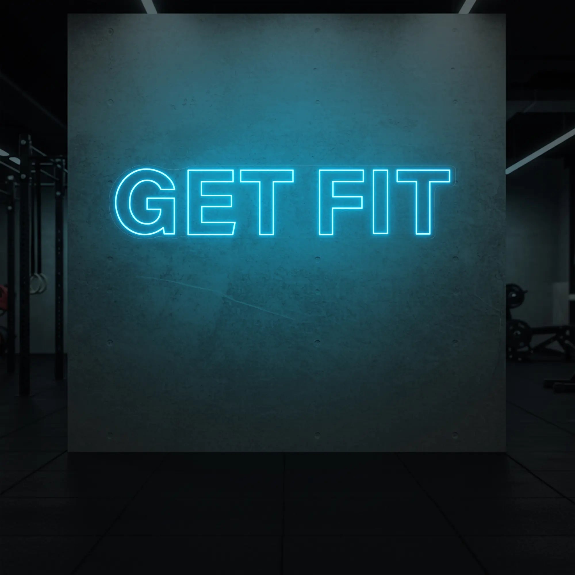 'Get Fit' neon sign glowing in ice blue against a styled interior wall.