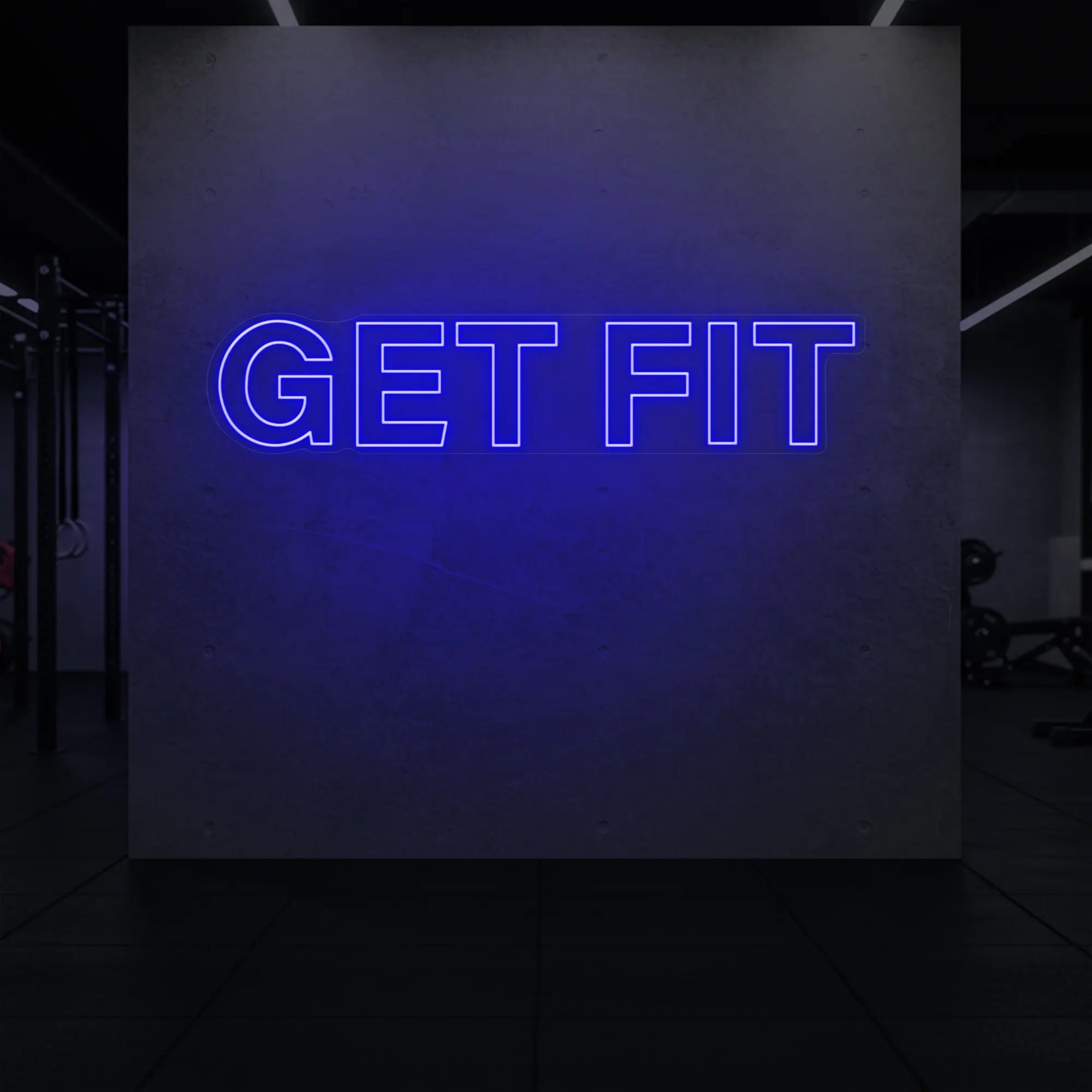 'Get Fit' neon sign glowing in deep blue against a styled interior wall.