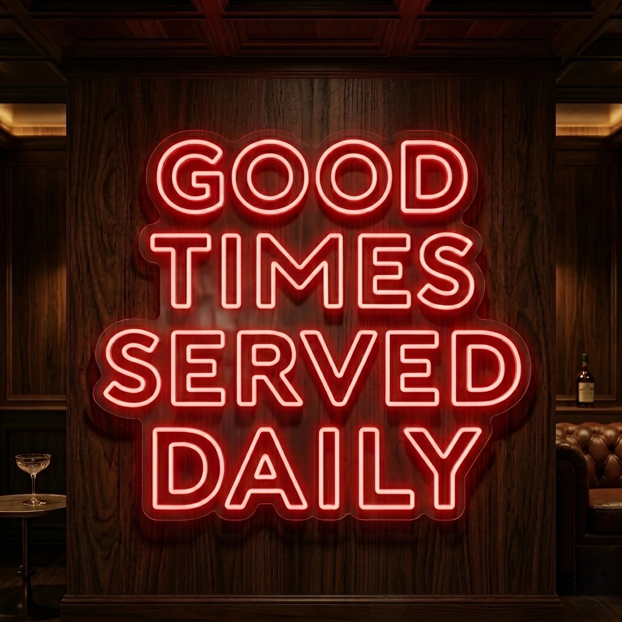 Photo of the 'Good Times Served Daily neon sign glowing in red against a styled interior wall.