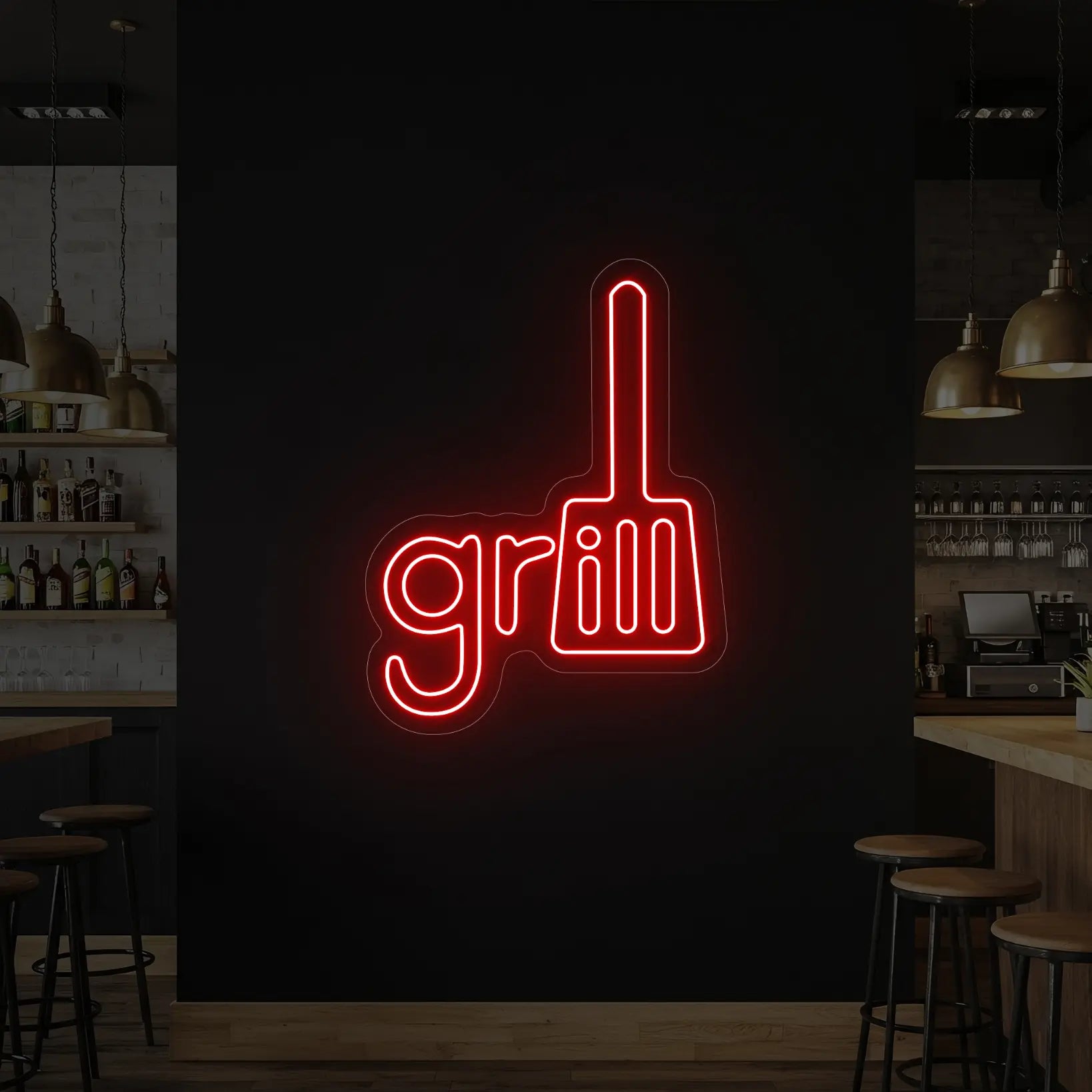 Photo of the 'Grill' neon sign glowing in red against a styled interior wall.