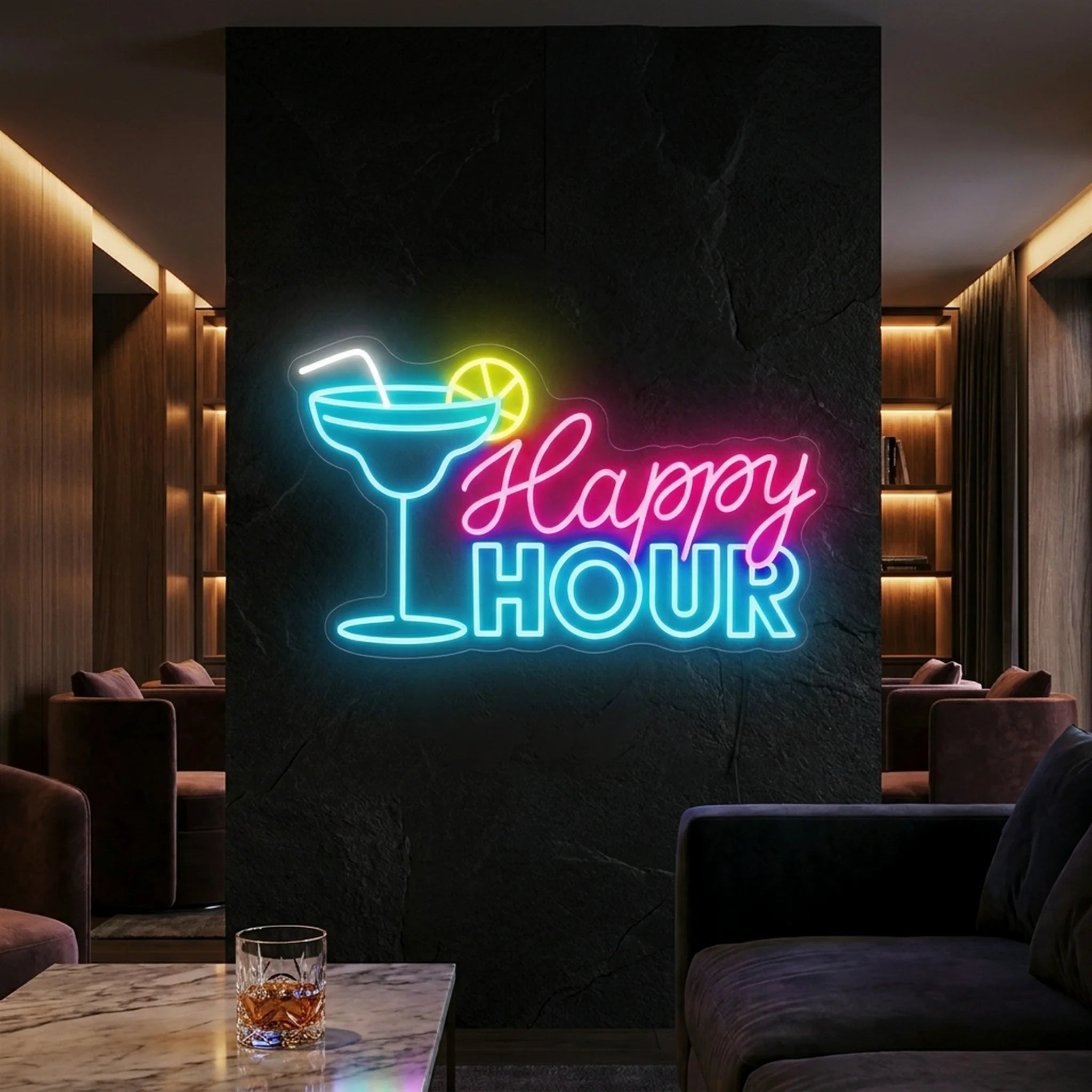 Photo of the 'Happy Hour (Cocktail Glass)' neon sign glowing in multi-color against a styled interior wall.