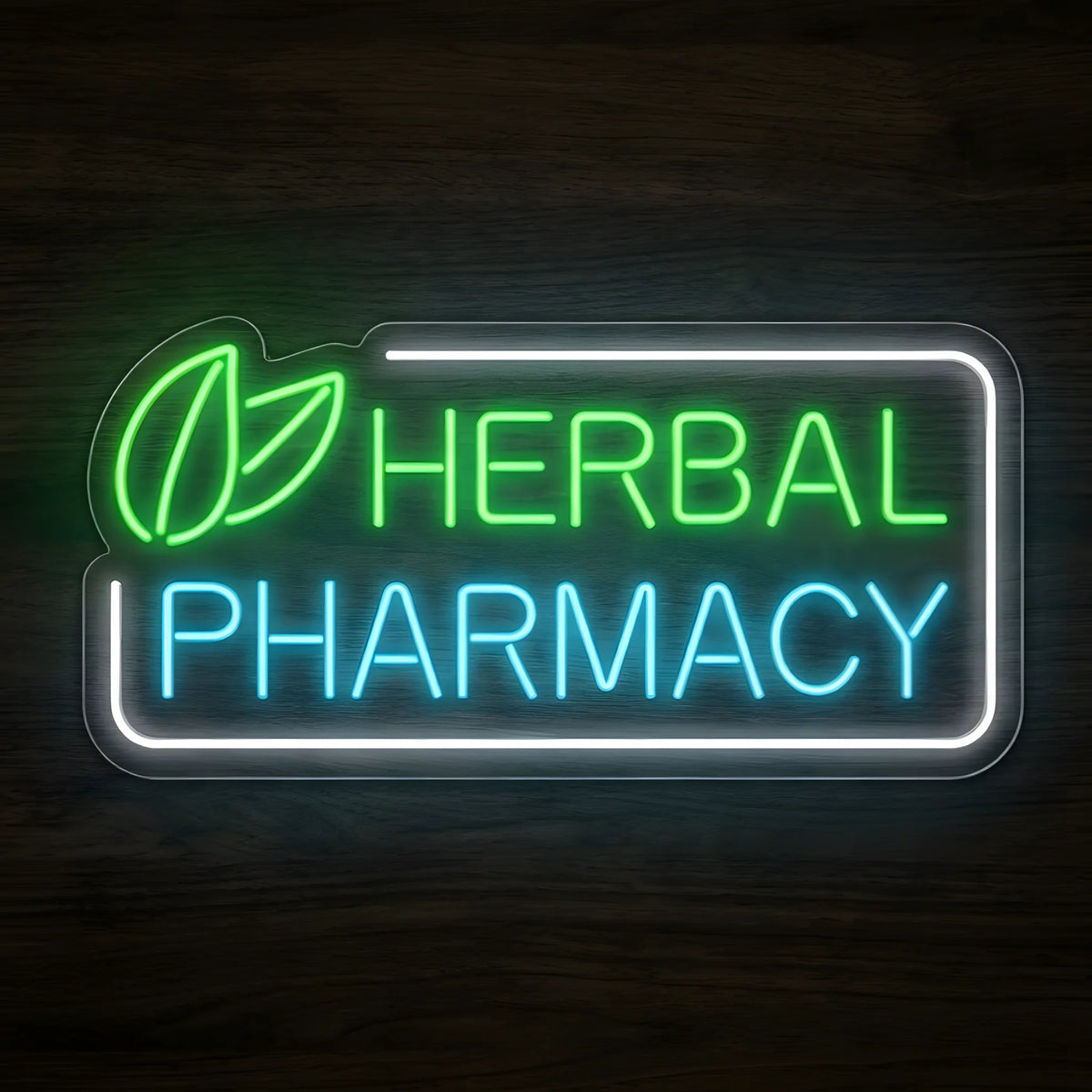 Herbal Pharmacy LED Neon Sign featuring green leaf graphics, glowing green HERBAL lettering, cyan PHARMACY text, and a white rectangular border on clear acrylic against a dark wooden wall.