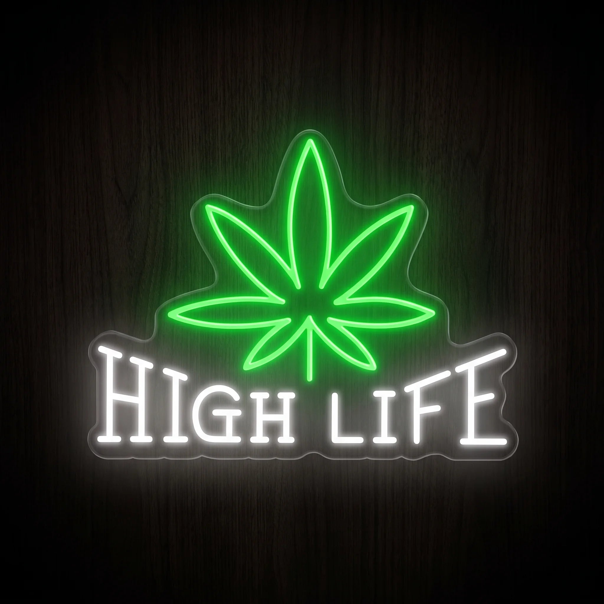 High Life LED neon sign on clear acrylic backing featuring a green cannabis leaf with white lettering for cannabis wall décor.