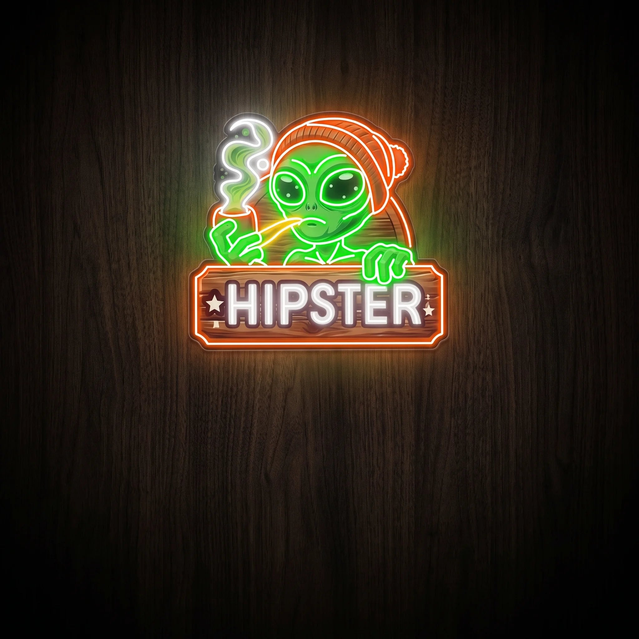 Hipster Alien LED neon sign featuring a green alien with a beanie, smoking pipe, HIPSTER lettering, and clear acrylic backing for recreational wall dΓ©cor.