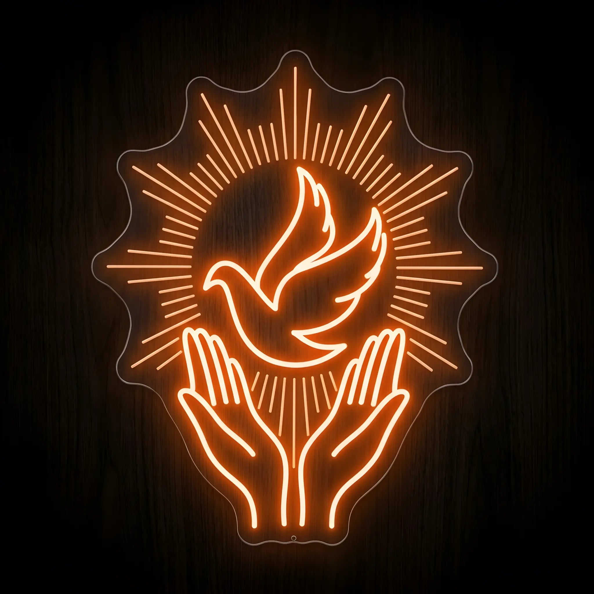 Holy Spirit Dove LED neon sign featuring a dove above praying hands surrounded by radiant rays on a precision-cut clear acrylic backing for Christian wall decor.
