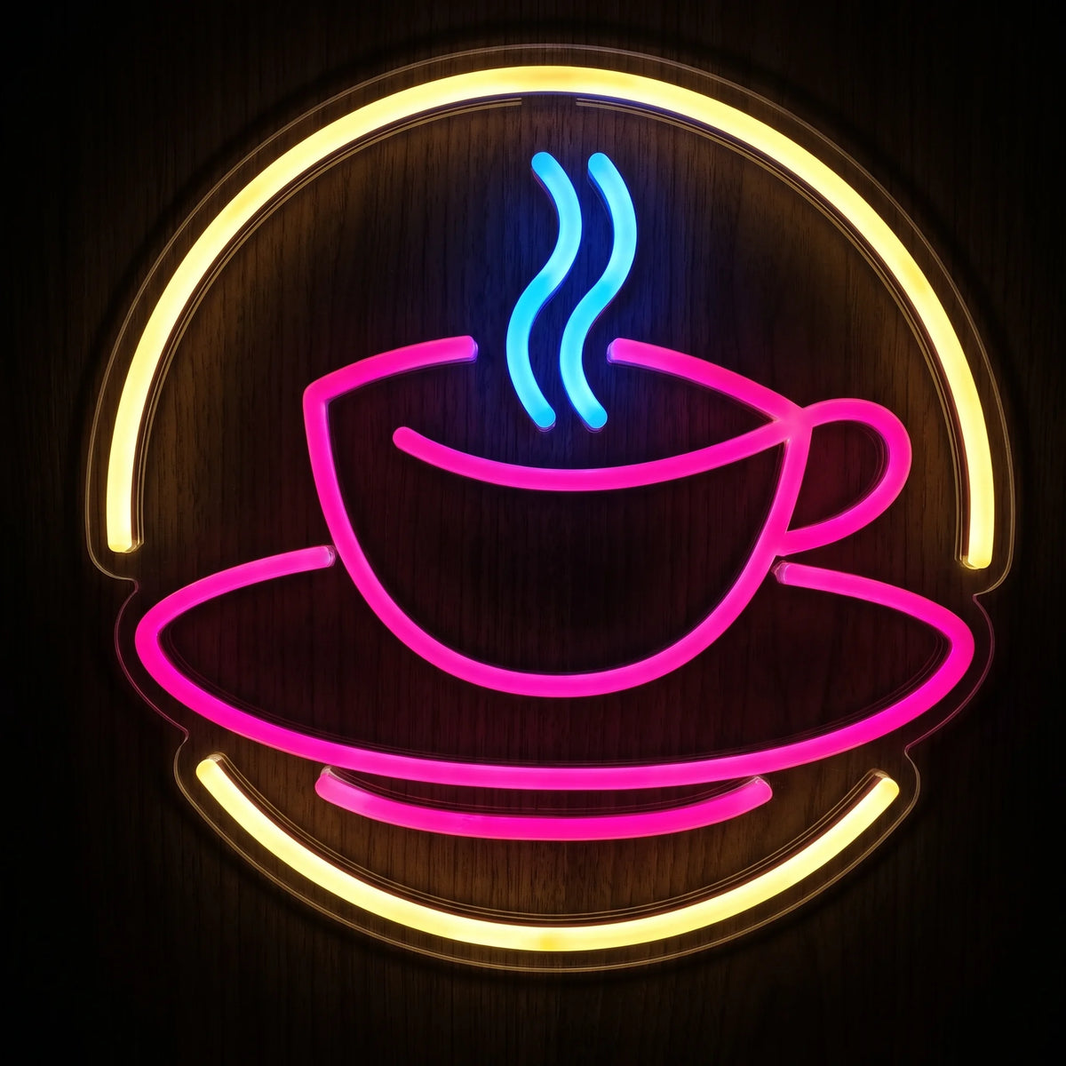 Hot coffee cup LED neon sign with pink cup, blue steam and warm yellow accents on clear acrylic backing.