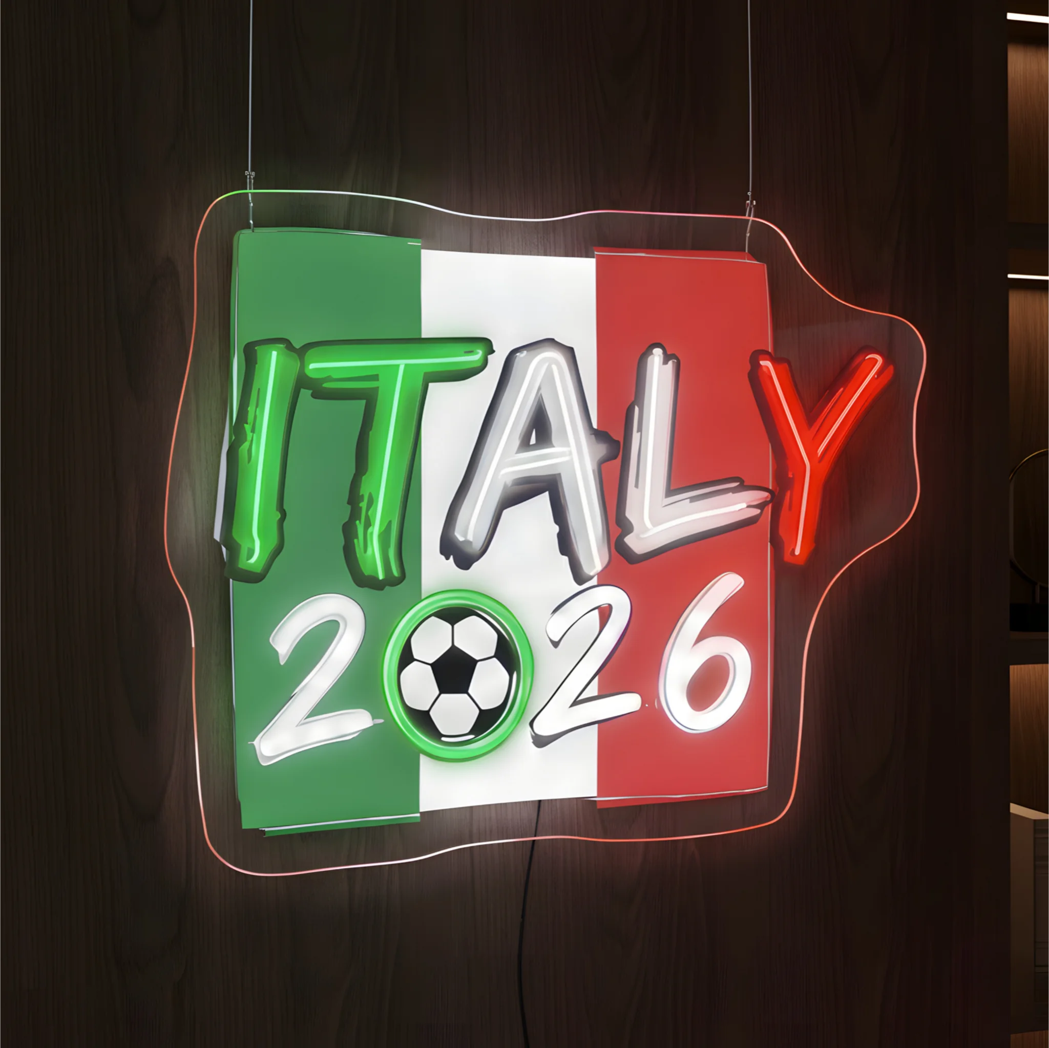 Italy 2026 LED neon sign featuring Italian flag artwork and football-inspired illuminated design