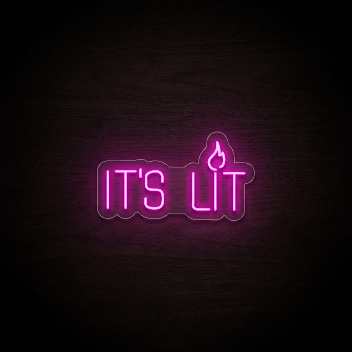It's Lit LED Neon Sign featuring bright pink IT'S LIT lettering with a small glowing flame icon.