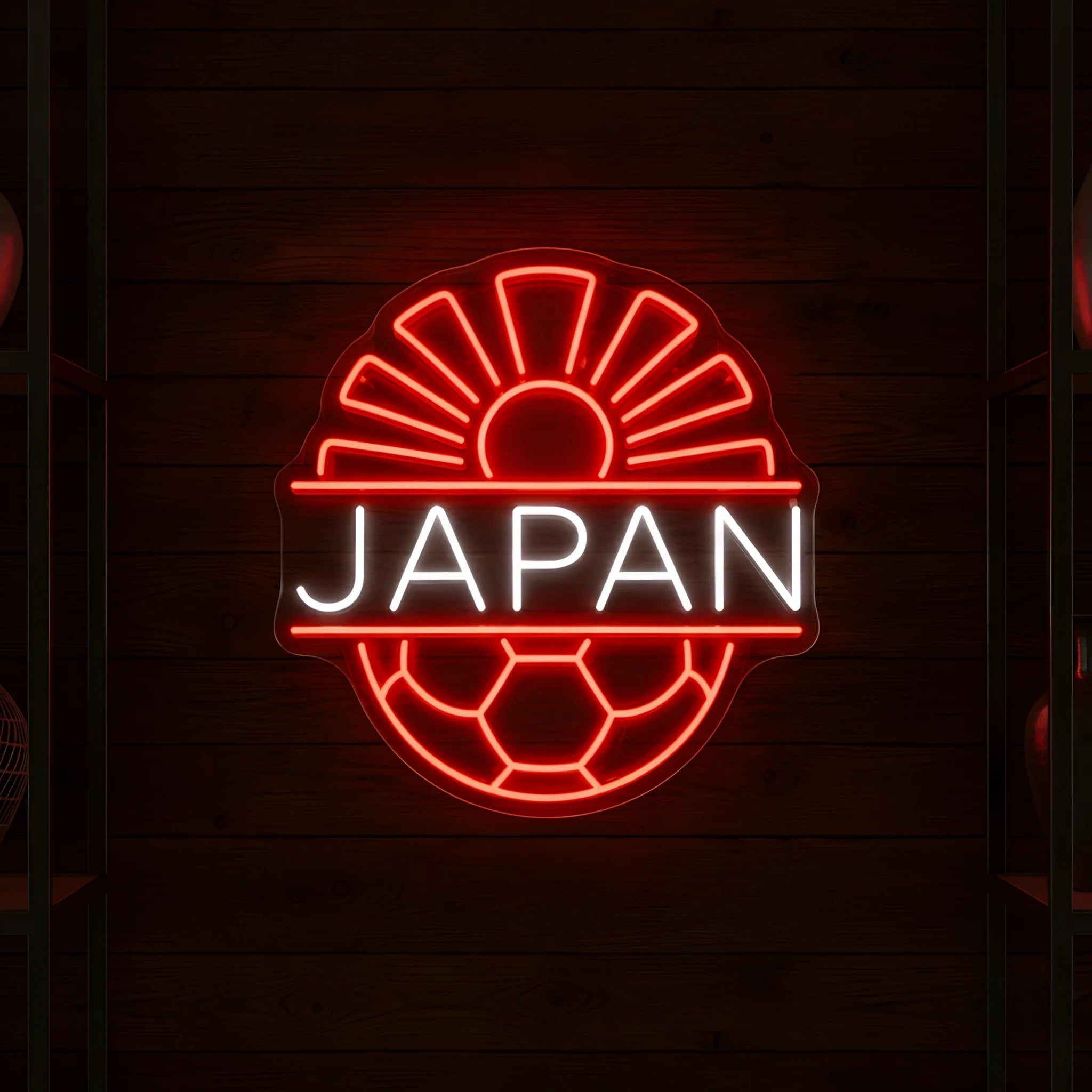Japan Rising Sun LED neon sign featuring football-inspired crest and illuminated red and white design