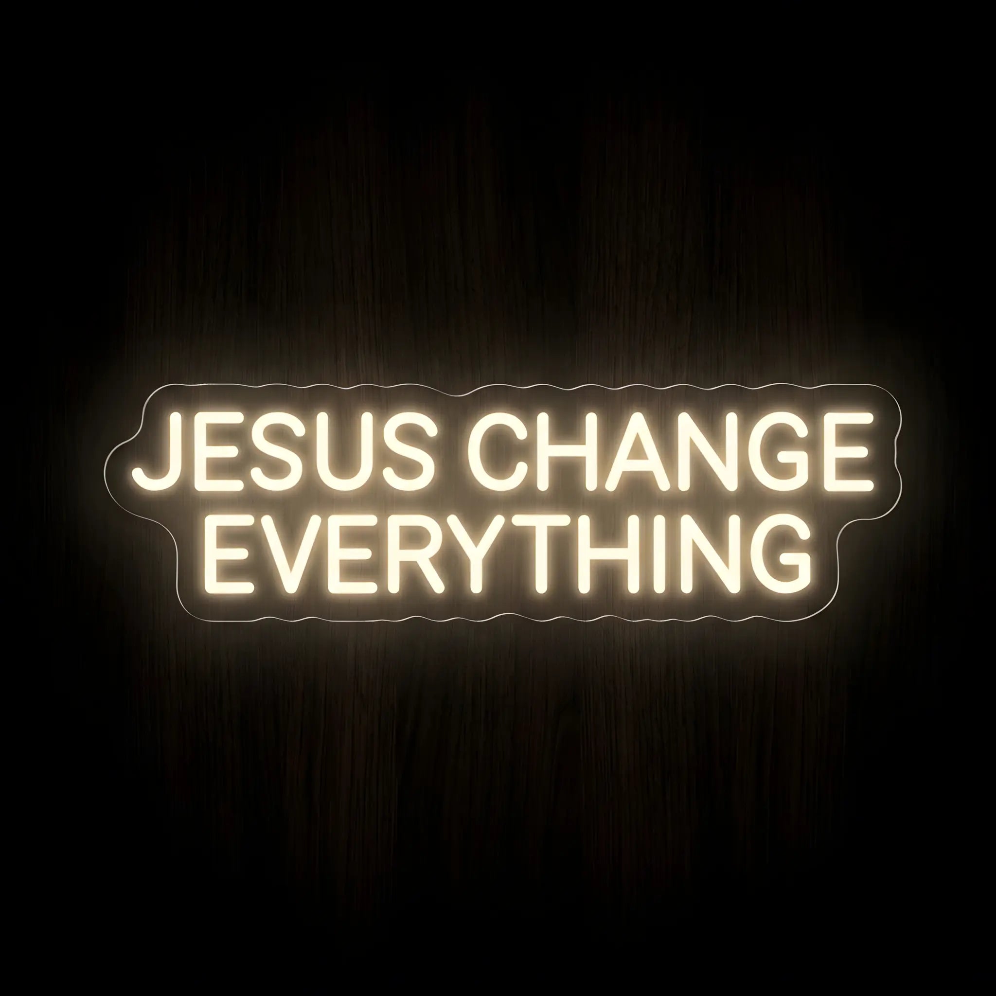 Jesus Changes Everything warm white LED neon sign on clear acrylic backing for Christian home décor, churches, prayer rooms, and faith-inspired spaces.