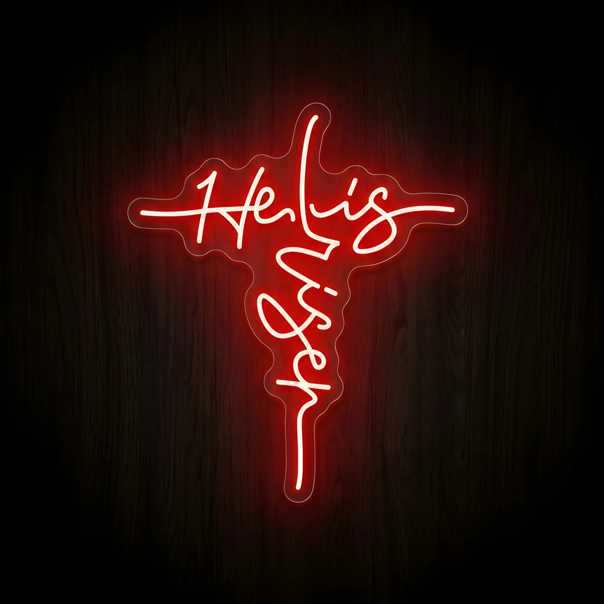 He Is Risen LED neon sign featuring elegant script forming a cross with bright red illumination on a precision-cut clear acrylic backing for Christian wall decor.