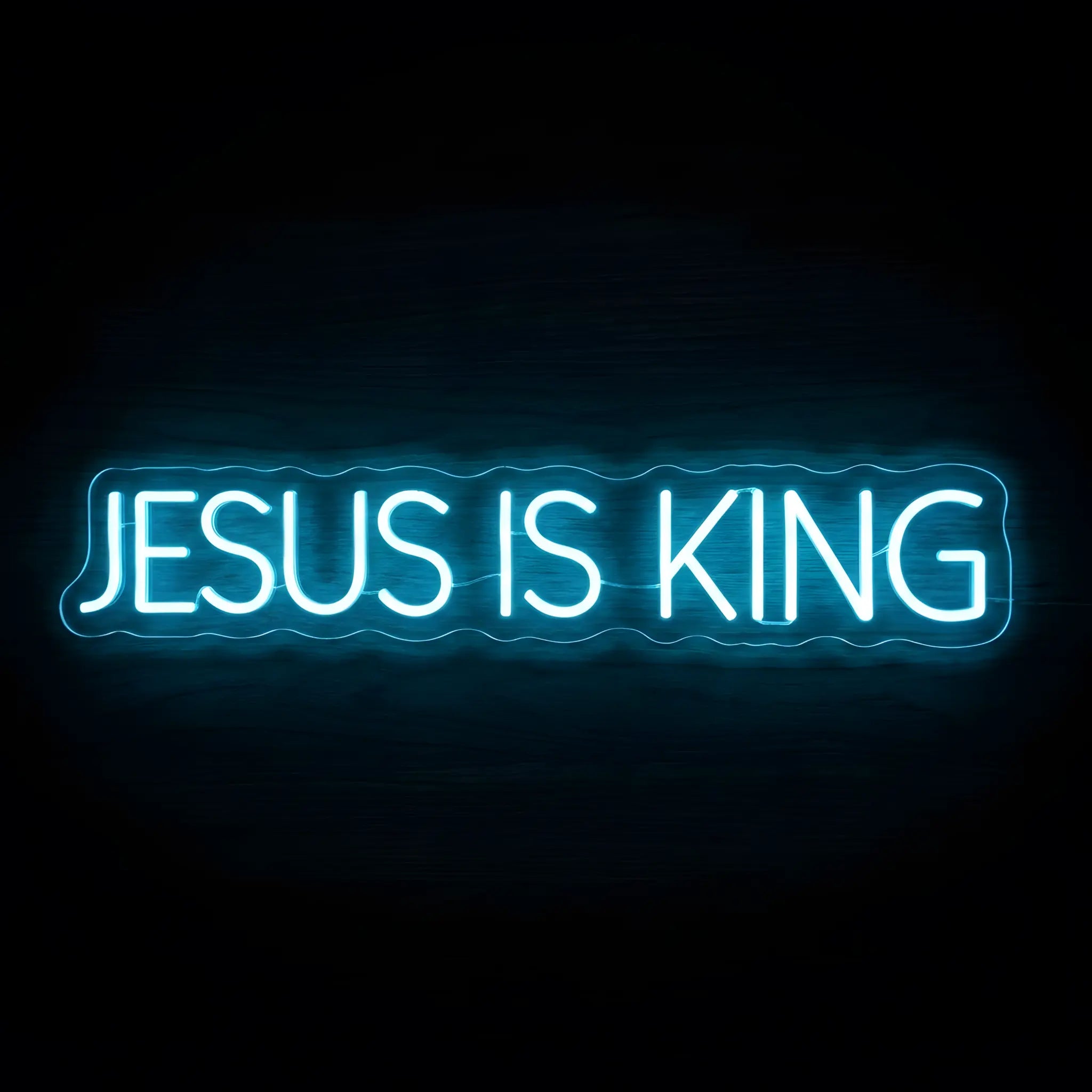 Jesus Is King LED neon sign with bright blue illumination on precision-cut acrylic backing, Christian wall decor celebrating the reign of Jesus Christ.
