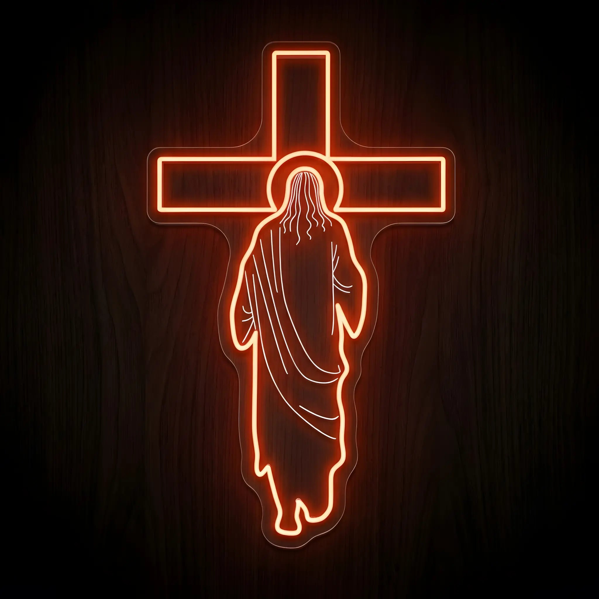 Jesus at the Cross LED neon sign featuring the silhouette of Jesus before a glowing cross with warm amber illumination on a precision-cut clear acrylic backing.
