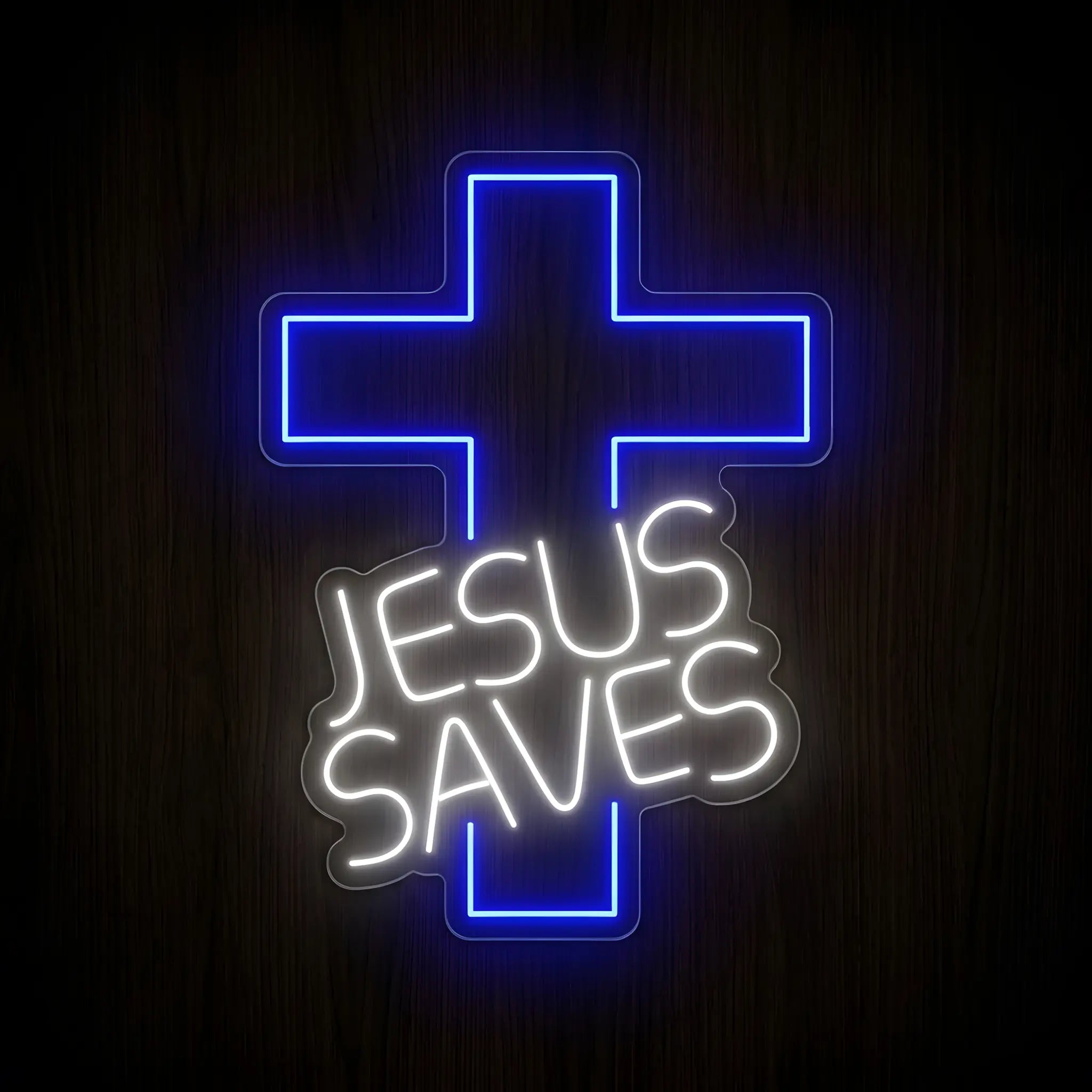 Jesus Saves Cross LED neon sign featuring a blue illuminated cross with bright white Jesus Saves lettering on a precision-cut clear acrylic backing.