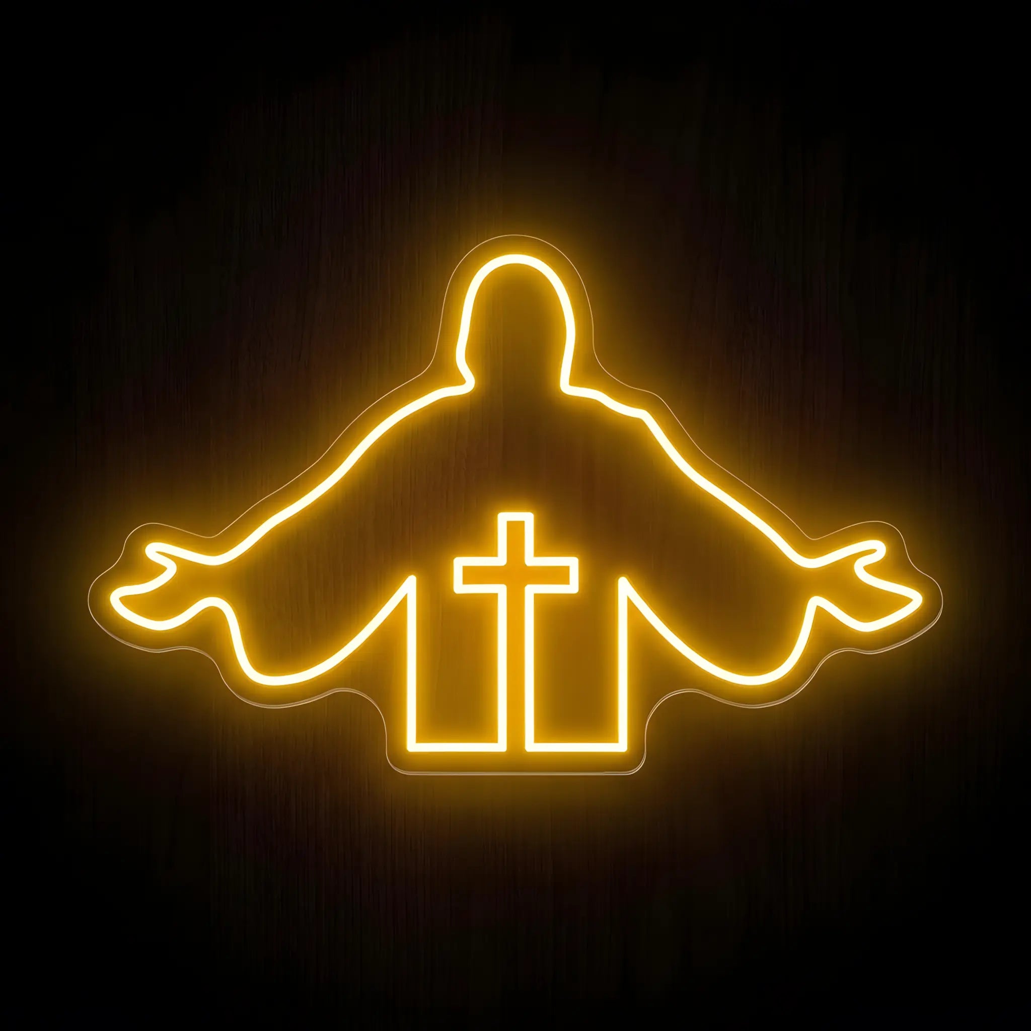 Jesus with Cross LED neon sign featuring warm golden illumination on precision-cut acrylic backing, Christian wall decor with Jesus extending His arms above a cross.