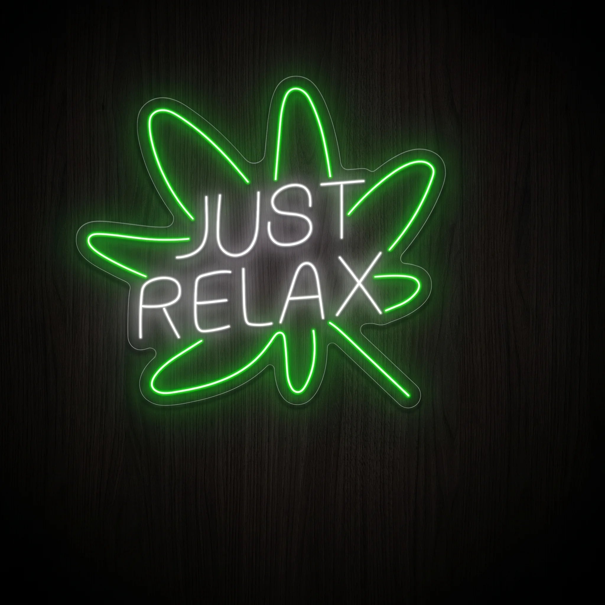 Just Relax Leaf LED neon sign featuring white JUST RELAX lettering inside a green cannabis leaf outline on clear acrylic backing for recreational wall décor.