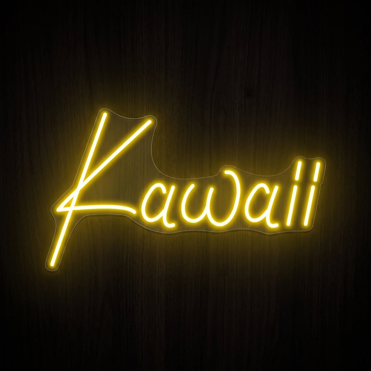 Kawaii Script LED Neon Sign featuring the word Kawaii in glowing yellow handwritten-style lettering.