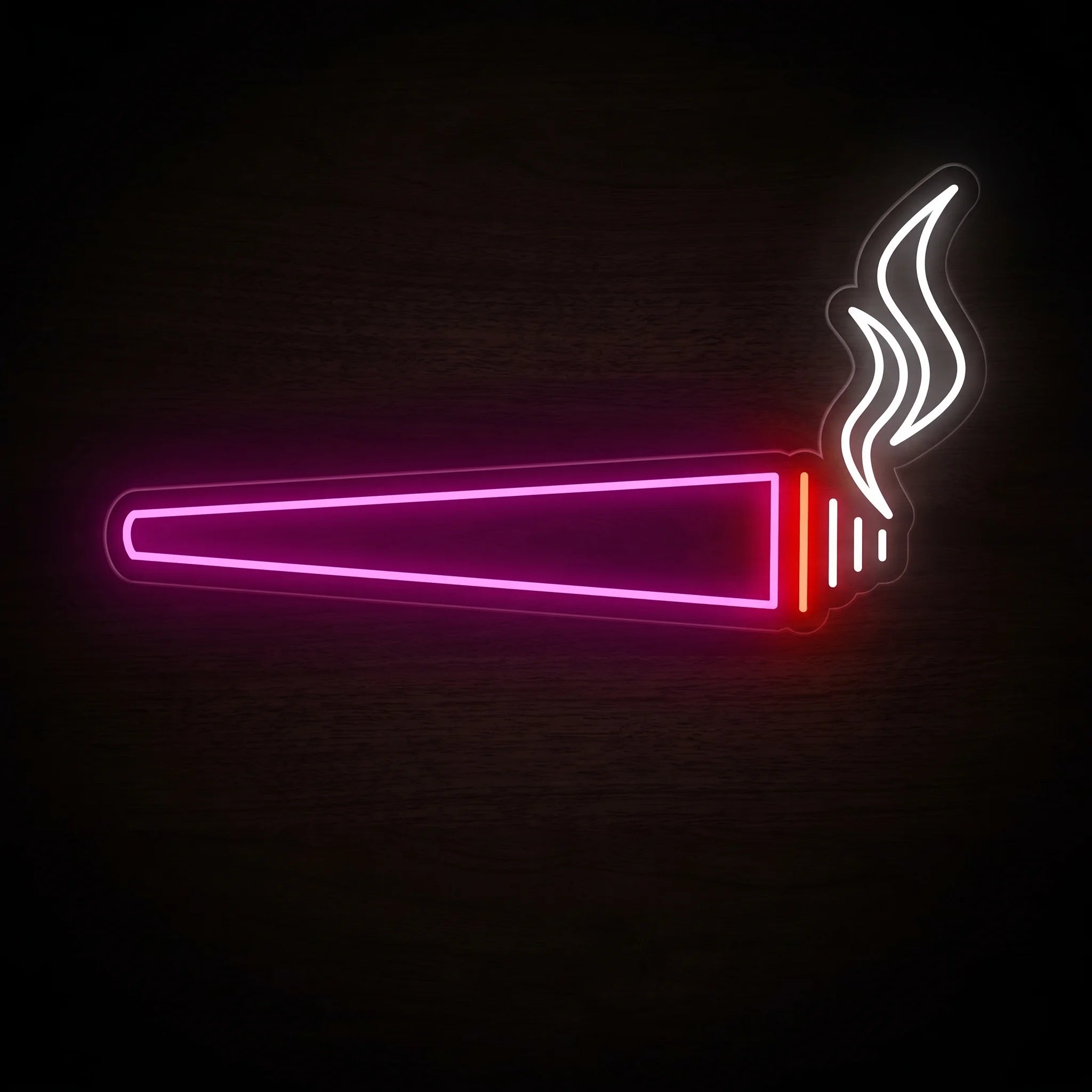 Lit Pre-Roll Joint LED neon sign featuring a glowing pink pre-roll with a bright ember and white smoke on a clear acrylic backing.