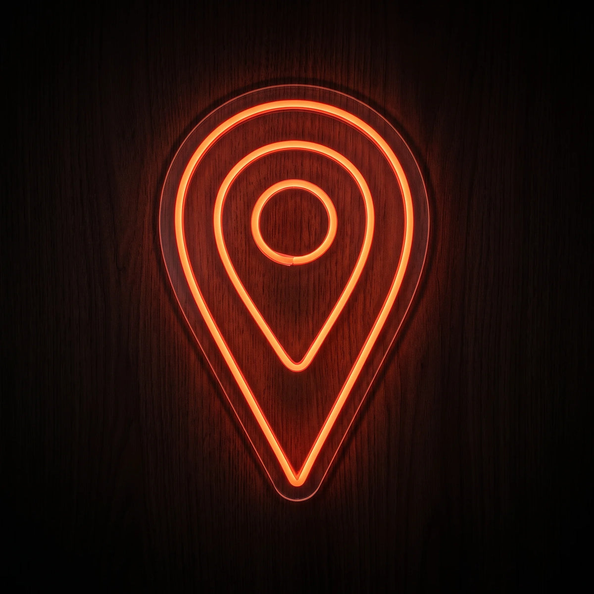 Map Pin LED Neon Sign featuring an orange-red location marker outline illuminated on clear acrylic backing.