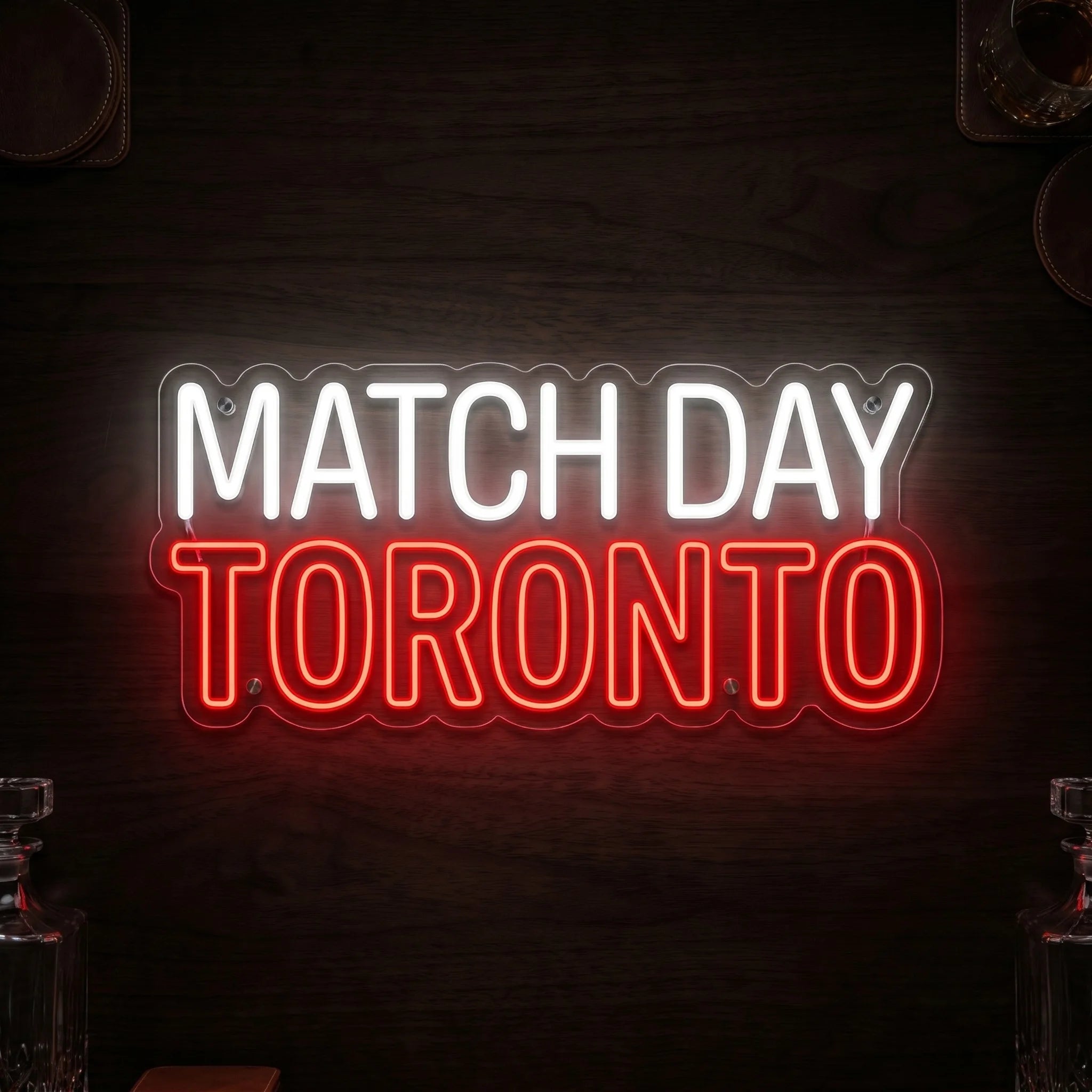Match Day Toronto LED neon sign in red and cool white mounted on clear acrylic backing
